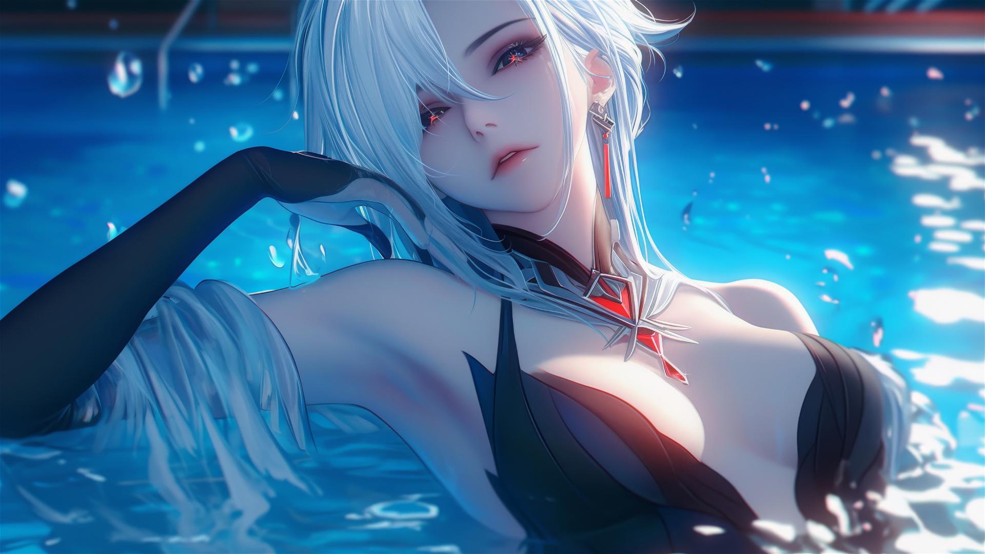 Arlecchino from Genshin Impact with snow white hair resting by a pool under moonlight.