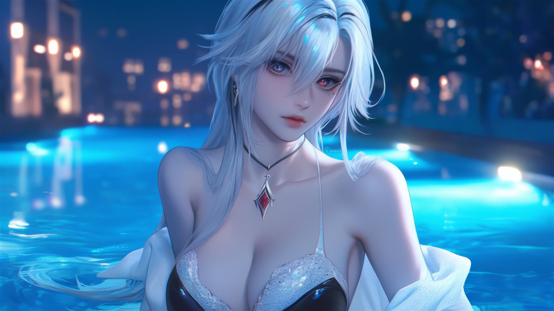Arlecchino from Genshin Impact with snow white hair, black streaks, resting by swimming pool under moonlight.