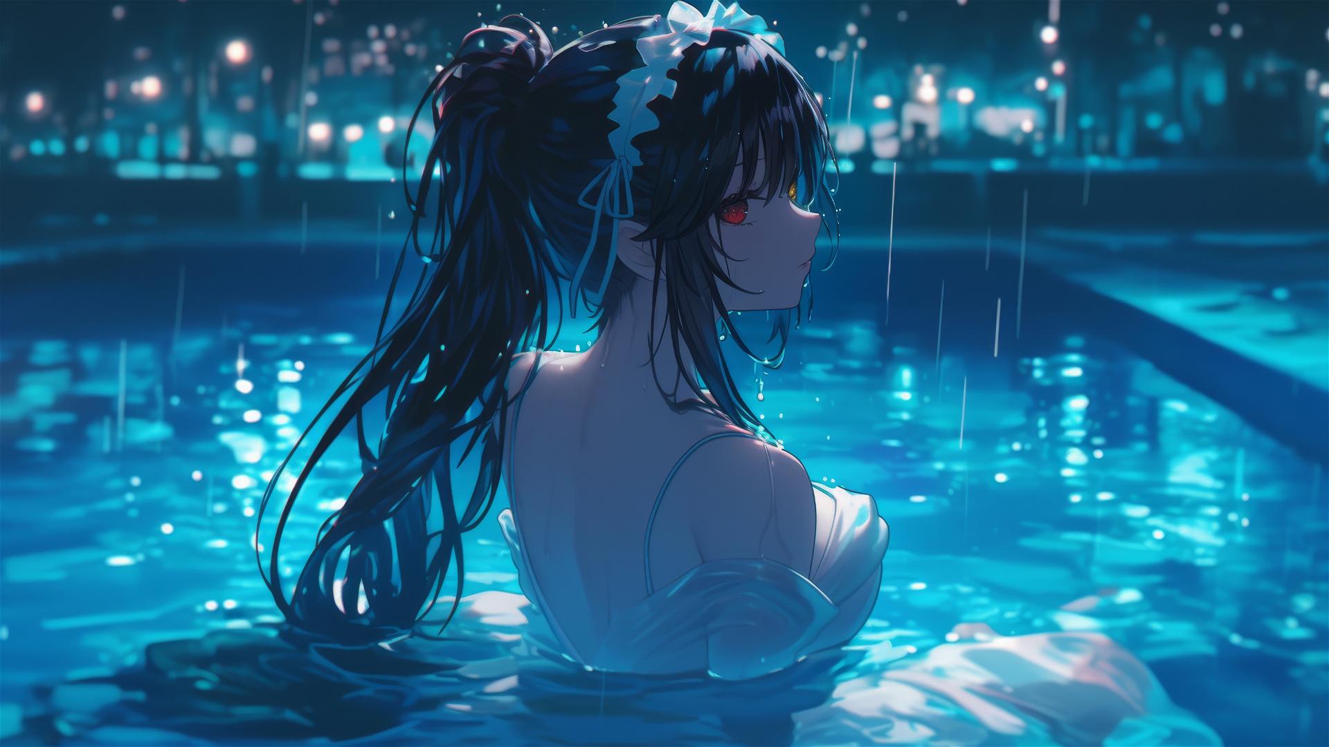 Kurumi Tokisaki standing in rainy swimming pool under moonlight, pure white dress, one red and one yellow eye.