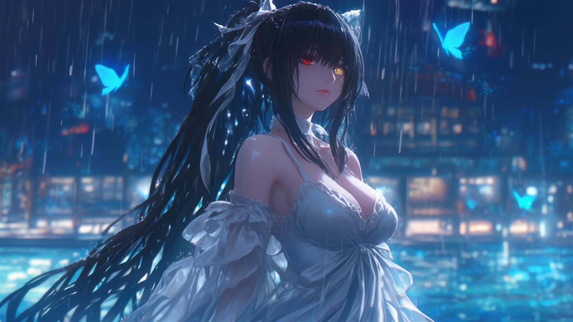 Kurumi Tokisaki from Date A Live standing in rainy swimming pool with moonlight glow
