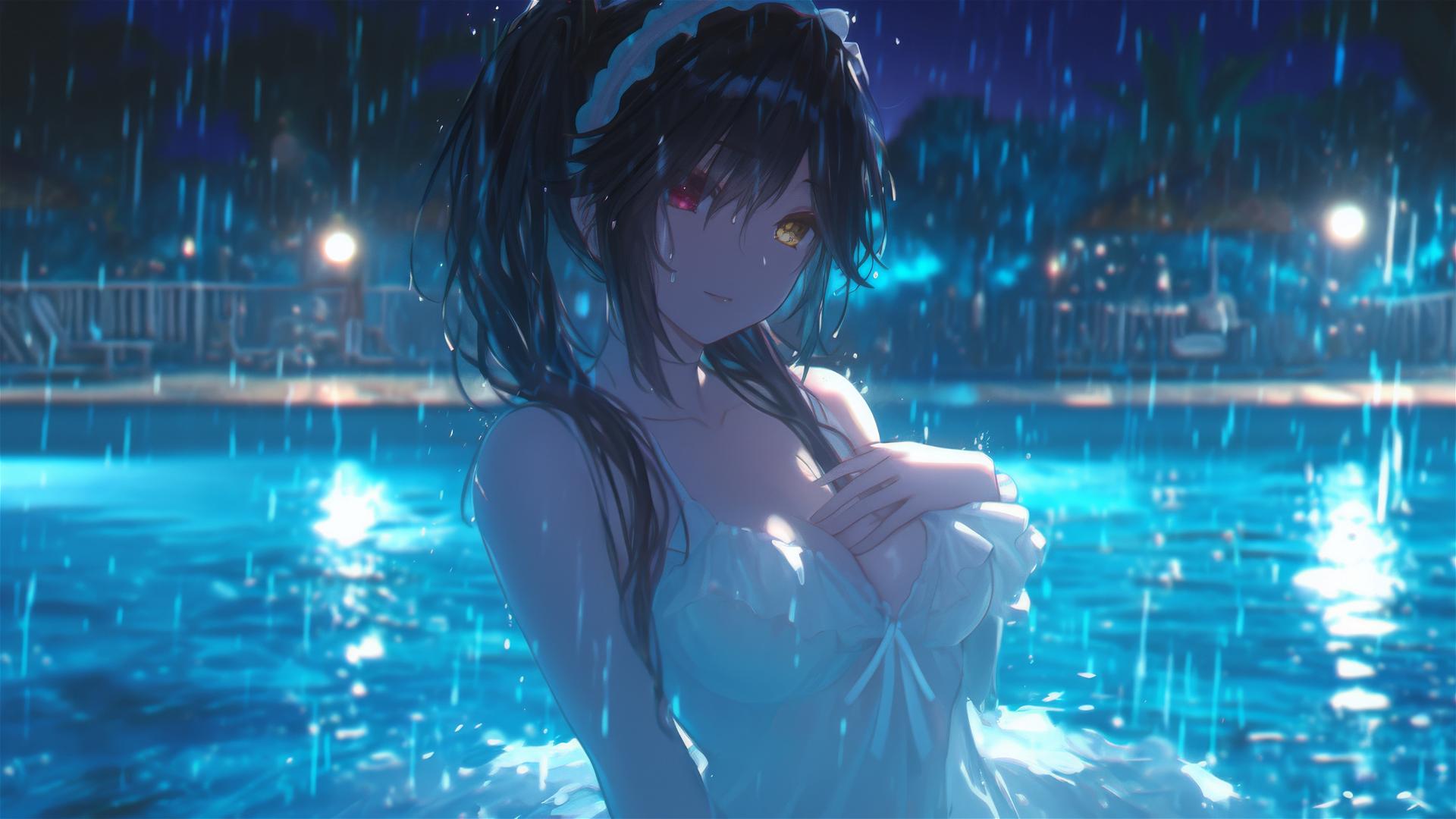 Kurumi Tokisaki stands in a rainy swimming pool under moonlight, wearing a white dress