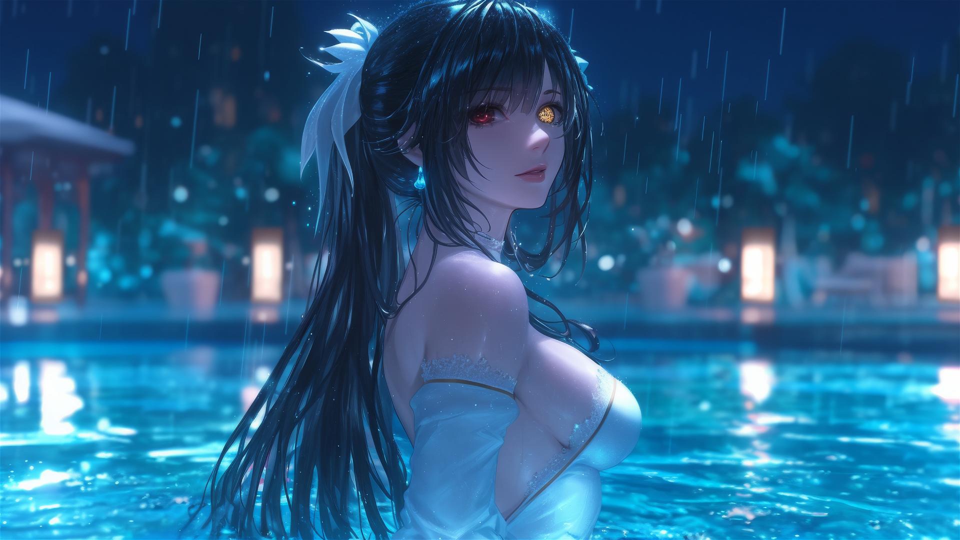 Kurumi Tokisaki from Date A Live standing in a rainy swimming pool with moonlight glow.