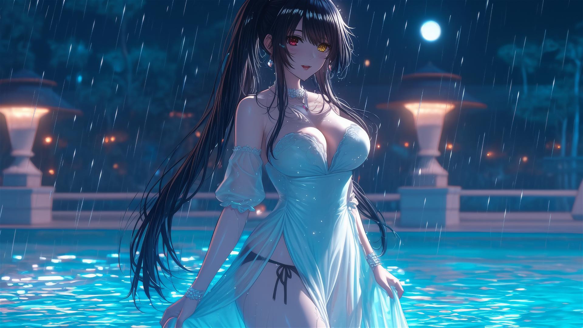 Kurumi Tokisaki standing in a rainy pool under moonlight, white dress, mismatched eyes