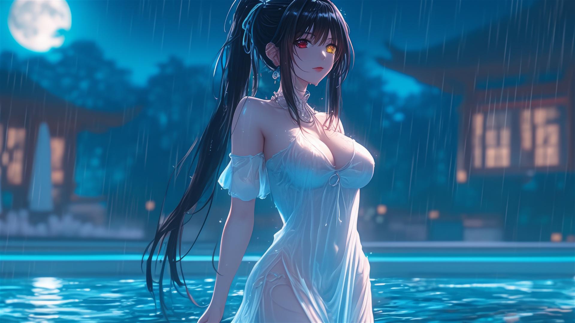 Kurumi Tokisaki standing in a rainy swimming pool under moonlight, dressed in white.