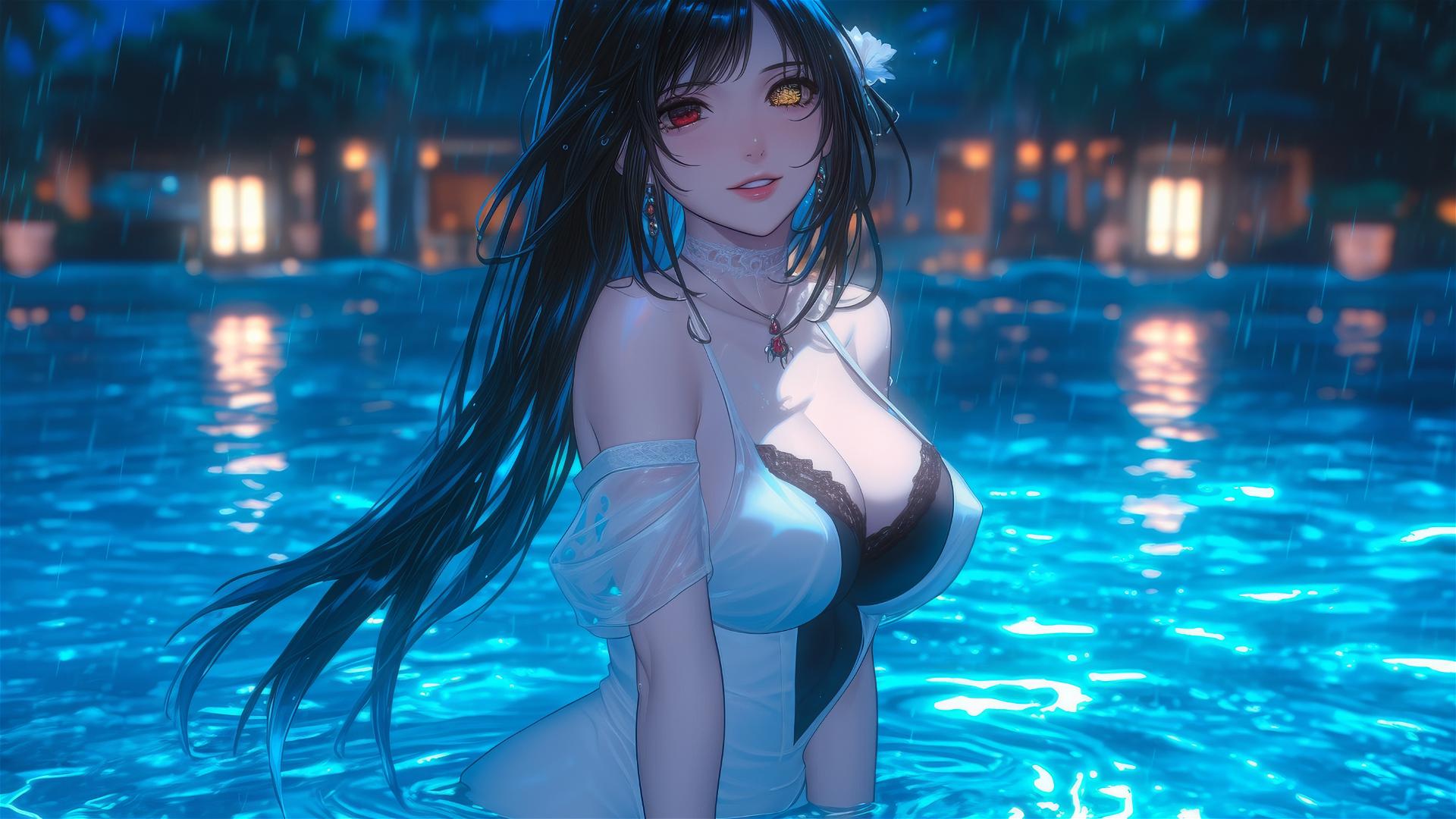 Kurumi Tokisaki from Date A Live stands in a rainy swimming pool, illuminated by moonlight, in a white dress with one red eye and one yellow eye.