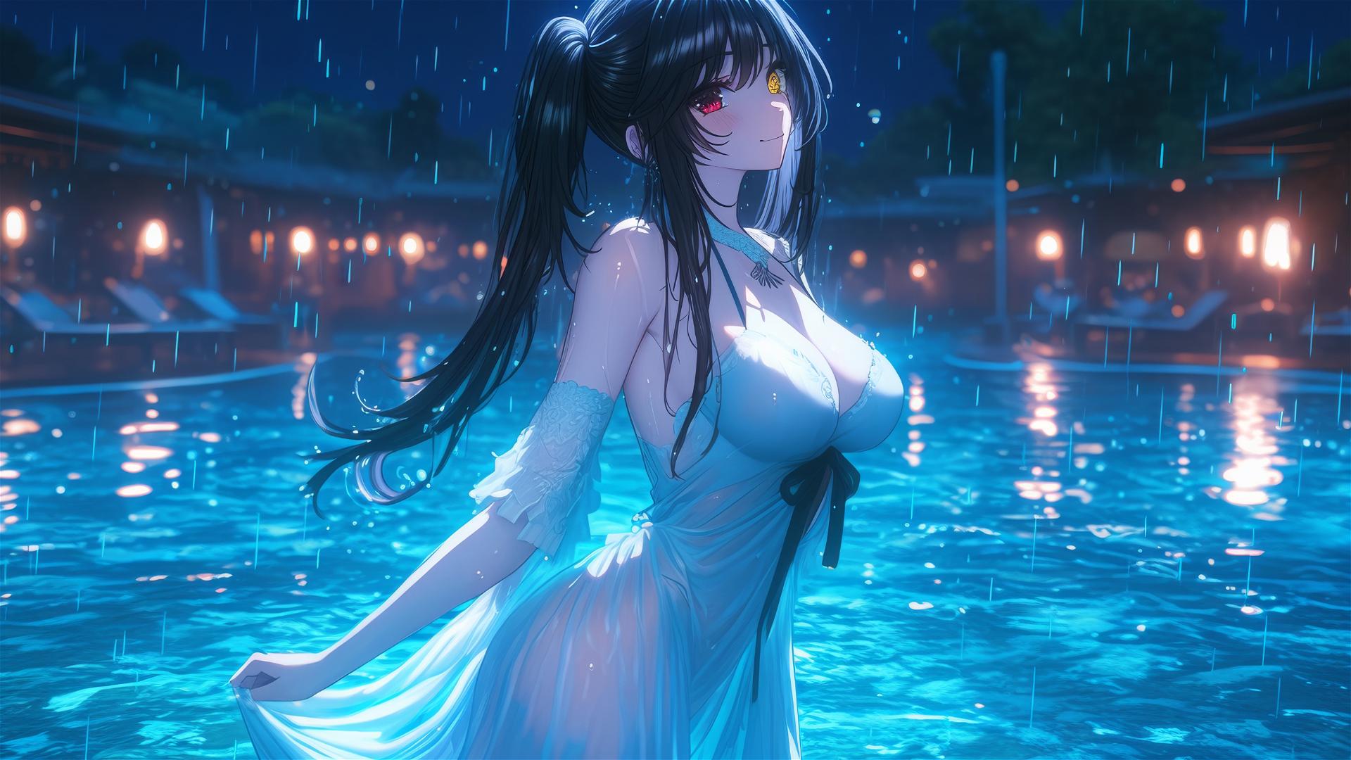 Kurumi Tokisaki in white dress under moonlit rain by a pool