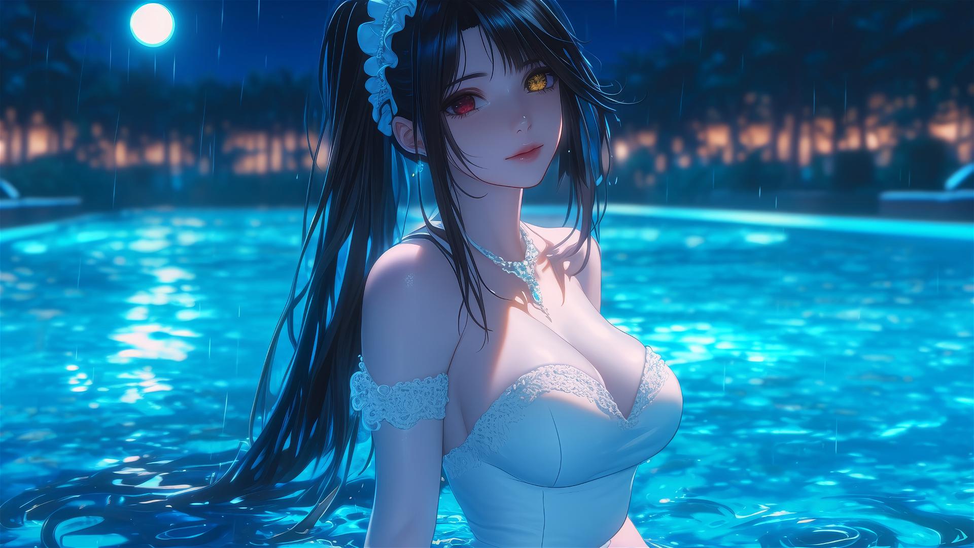 Kurumi Tokisaki standing in a rainy swimming pool under moonlight, in a white dress, with one red and one yellow eye.