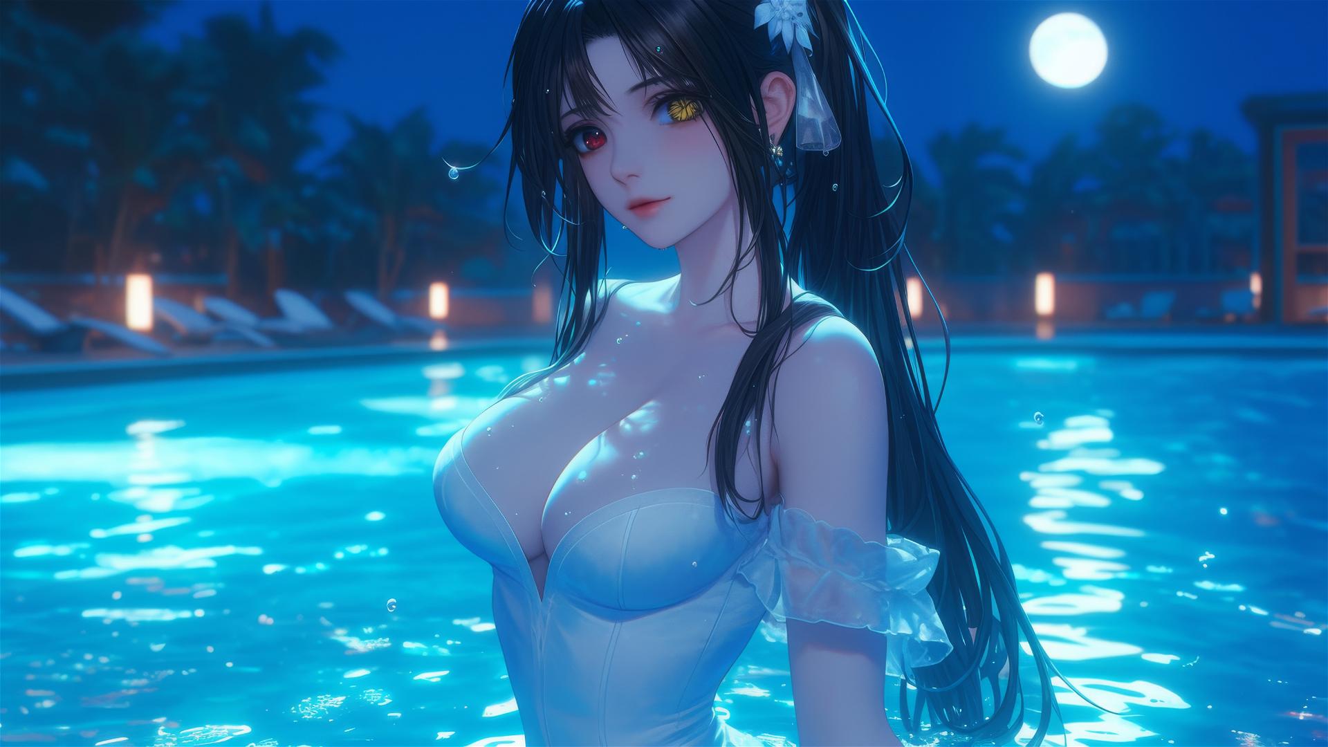 Kurumi Tokisaki in rainy swimming pool, moonlight glow, pure white dress, heterochromatic eyes.
