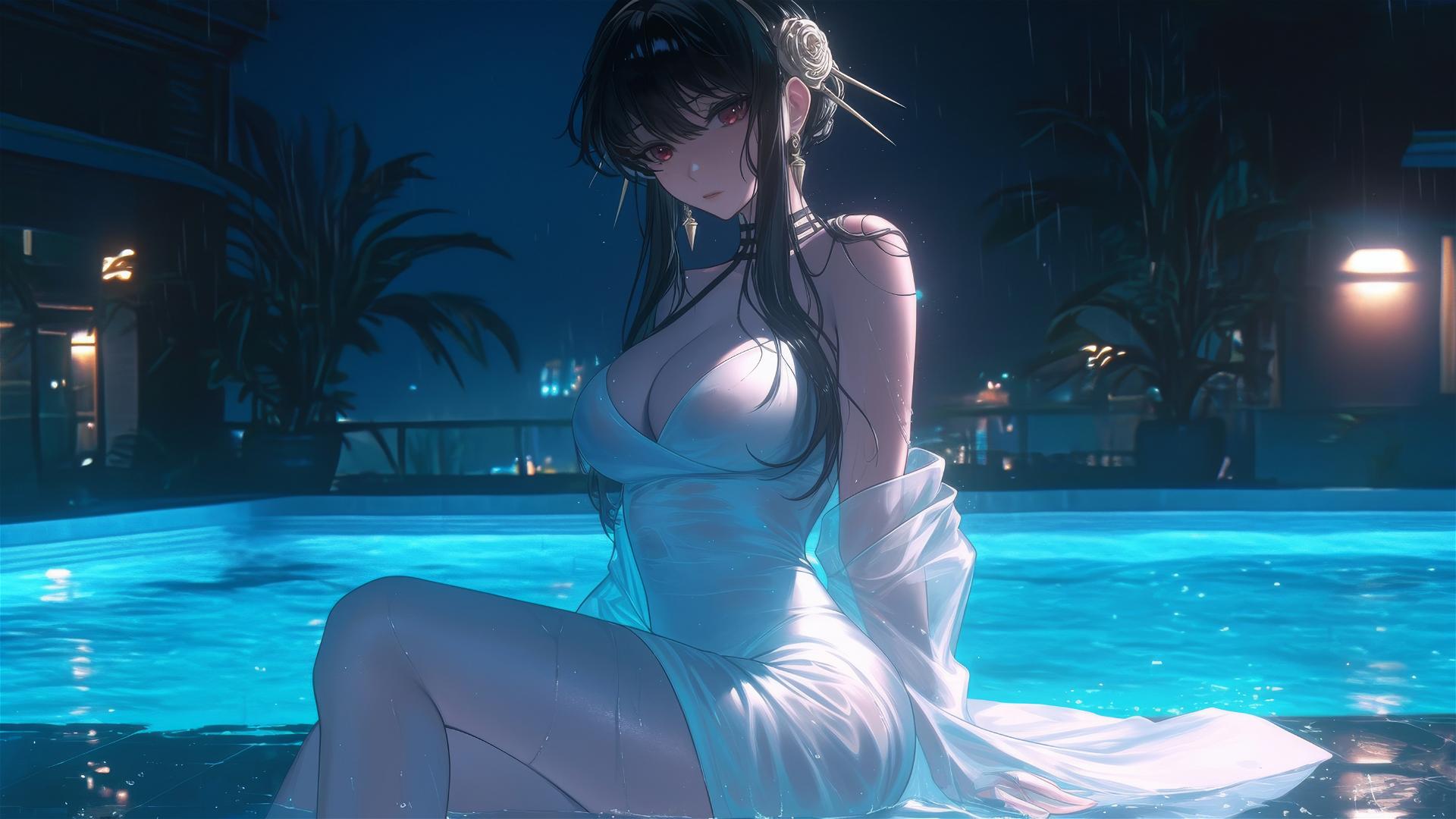Yor Forger in a pure white dress relaxing by a rainy pool at night.