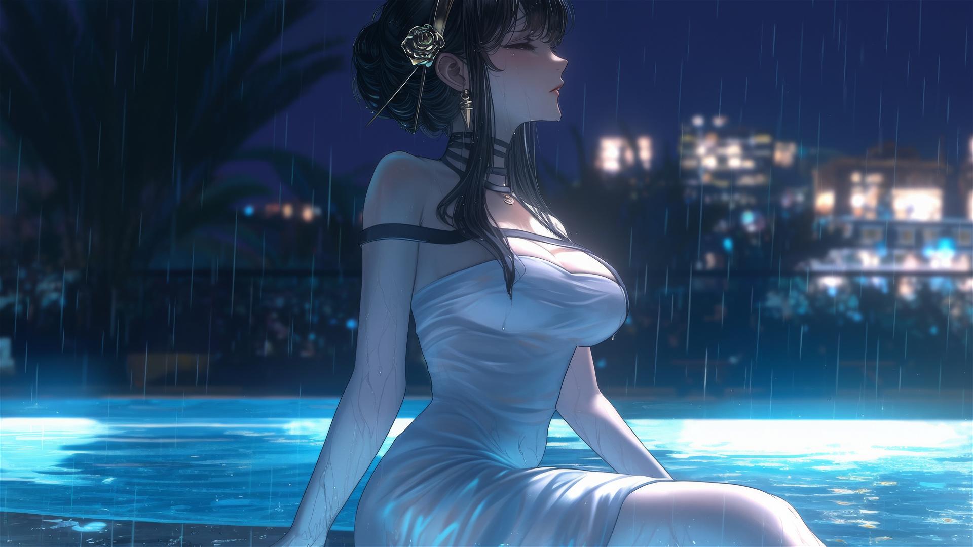 Yor Forger from Spy x Family in a white dress at a rainy pool under moonlight