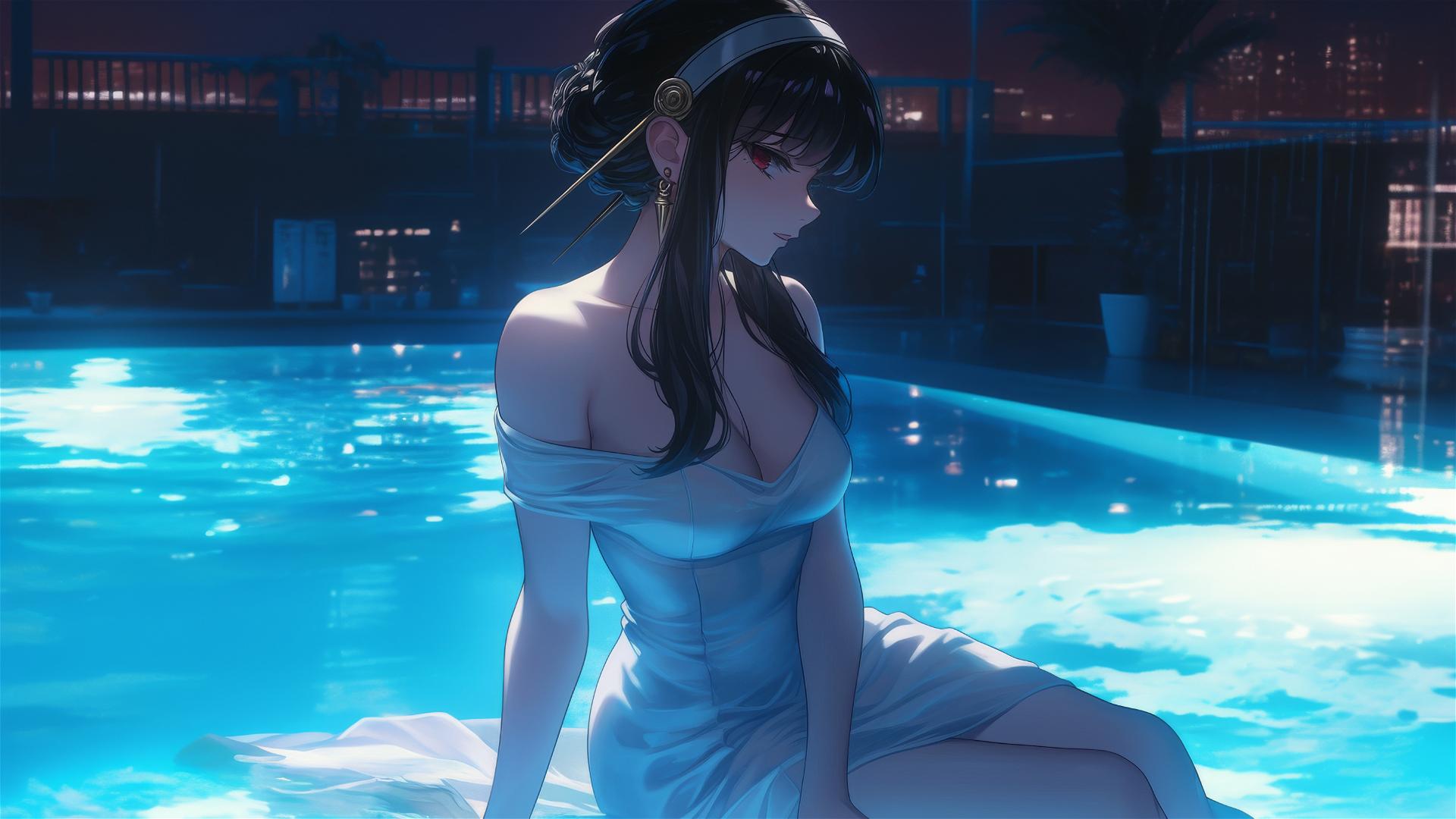 Yor Forger in bunny girl style white dress at pool under moonlight