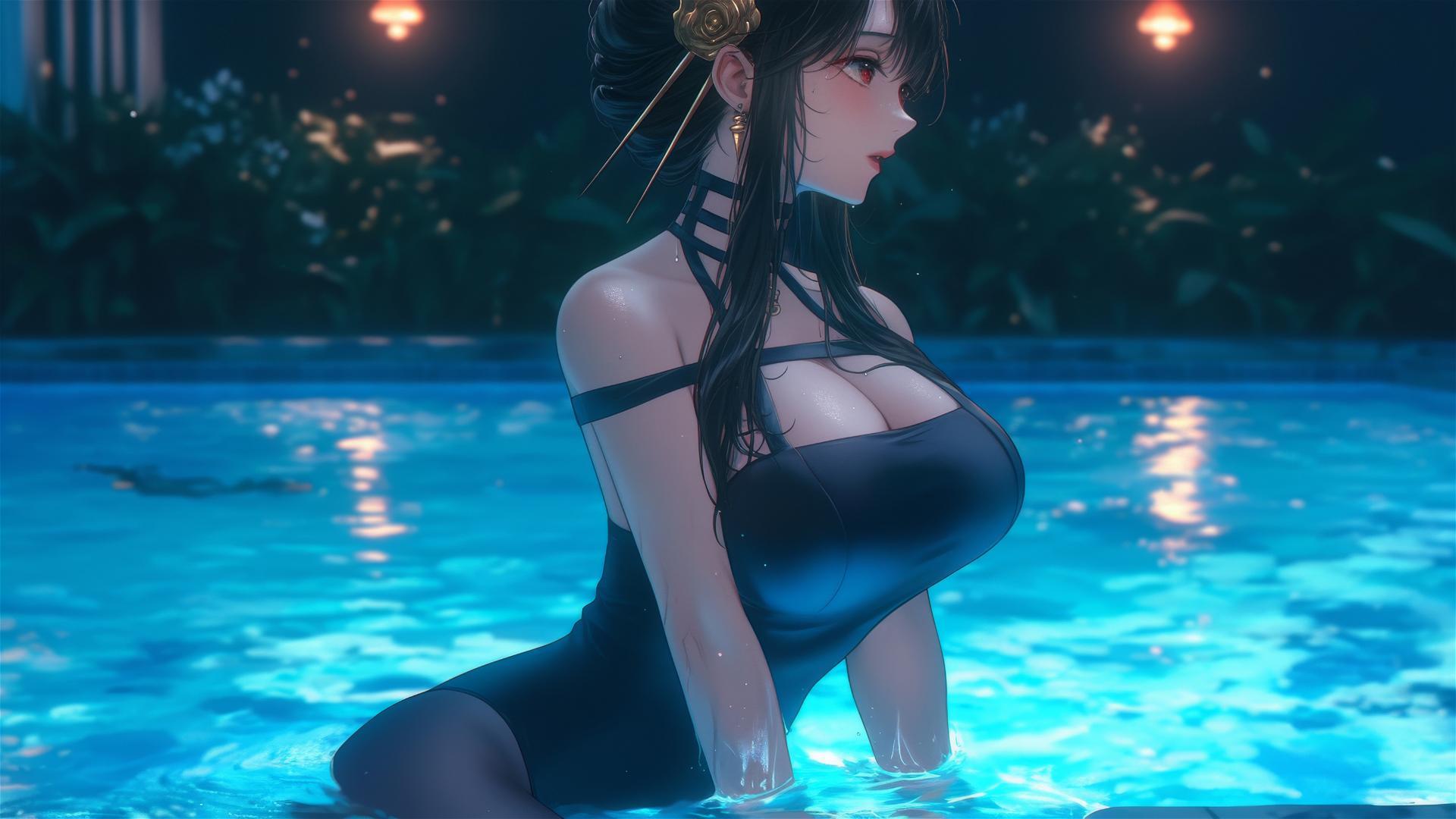 Yor Forger as a bunny girl resting by a moonlit swimming pool