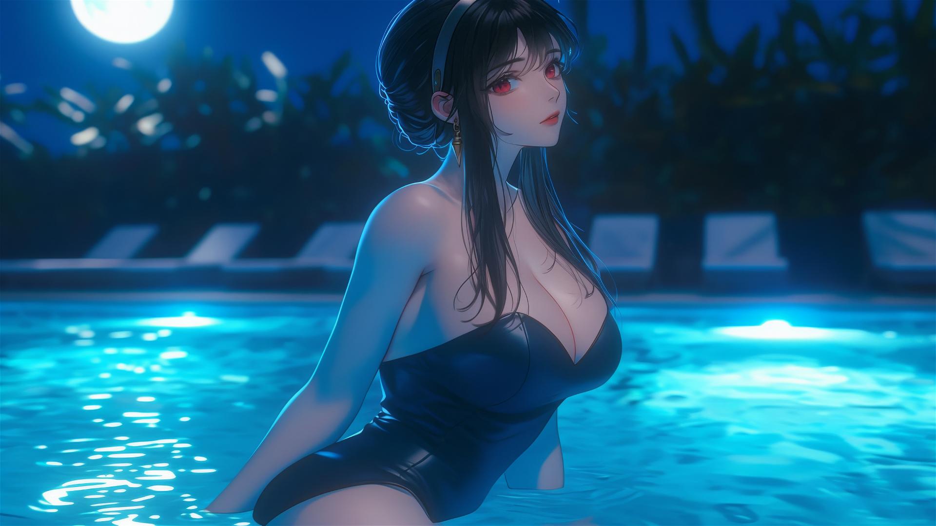 Yor Forger in bunny girl outfit resting by a pool under moonlight.