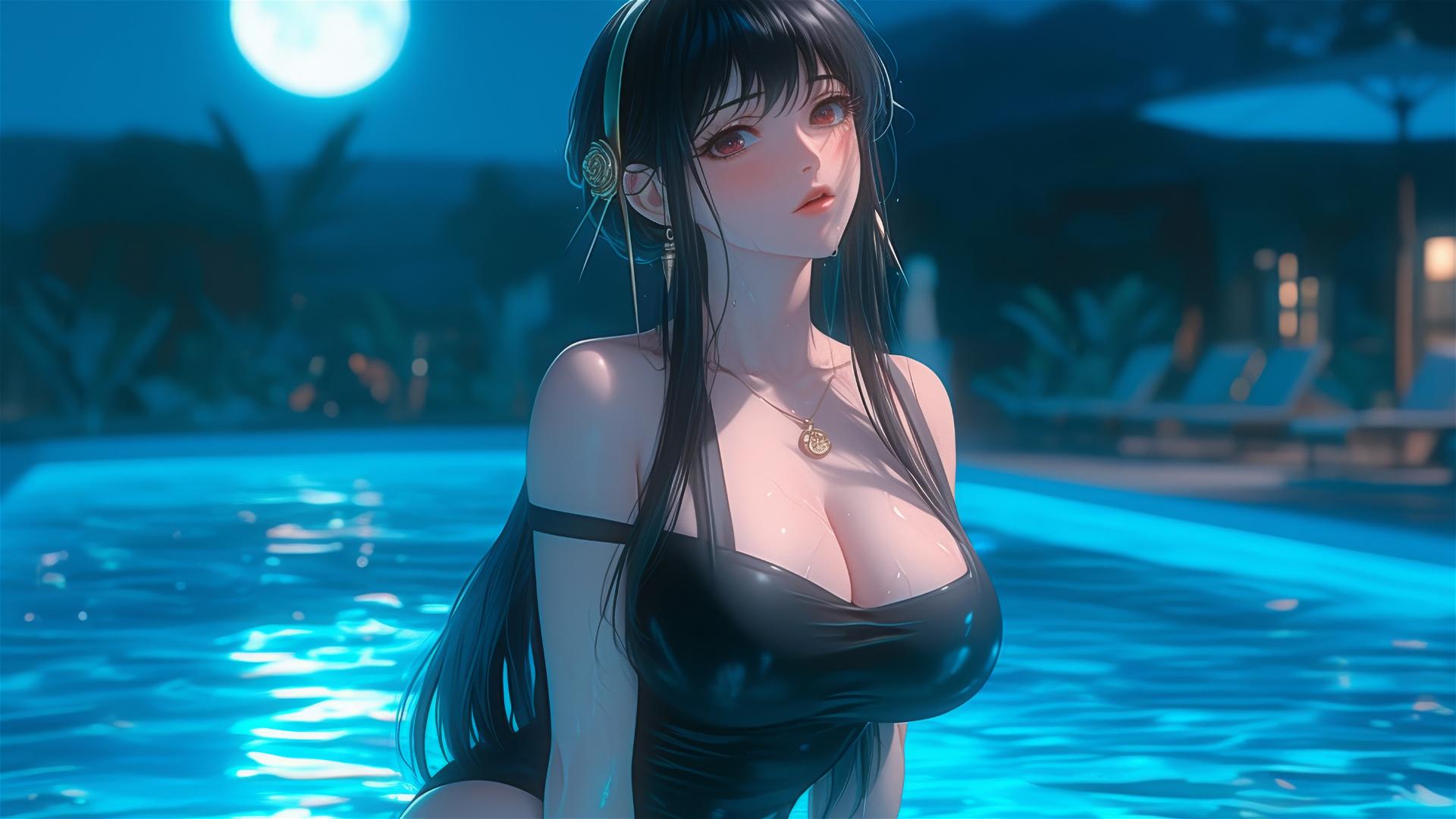 Yor Forger from Spy x Family in a swimming pool under moonlight, bunny girl style.