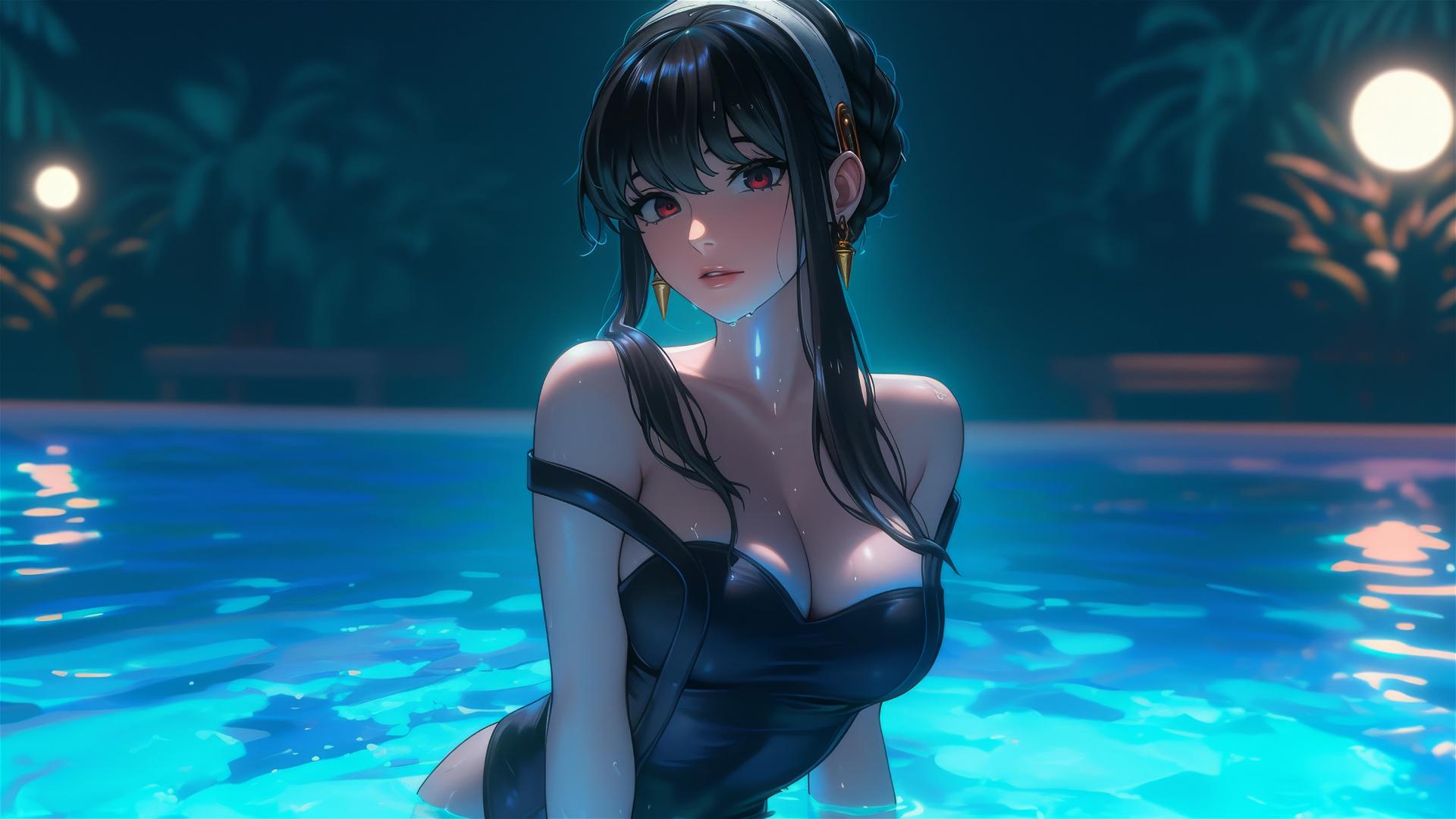 Yor Forger in bunny girl style standing in a pool under moonlight