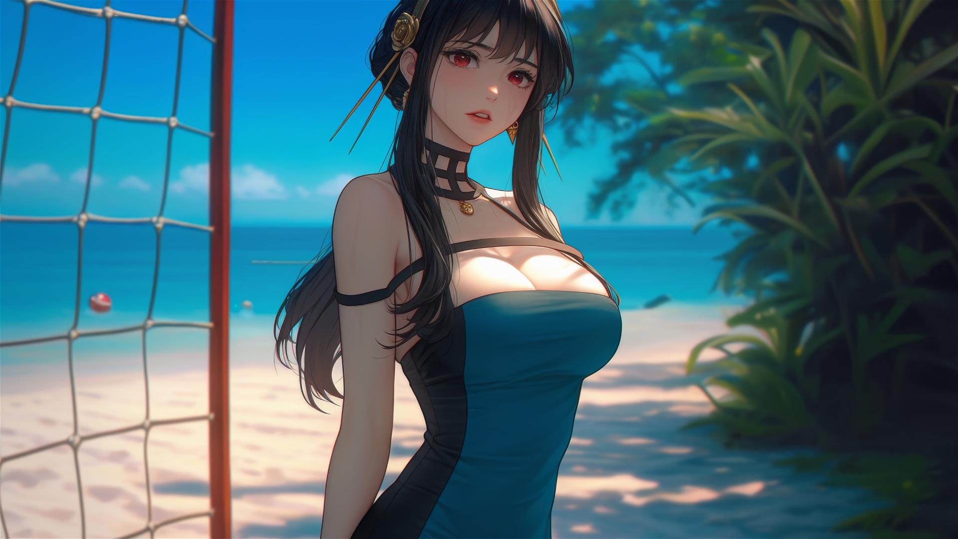 Yor Forger playing beach volleyball in a sunny beach setting.