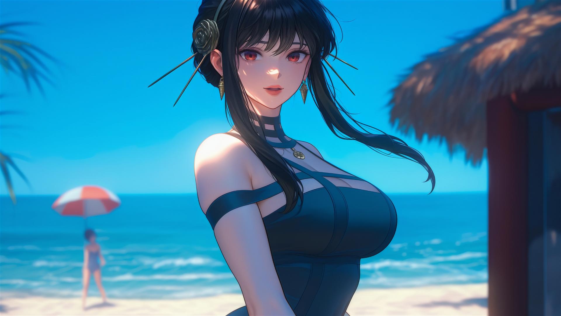 Yor Forger playing beach volleyball in a beach volleyball dress on a sunny beach.