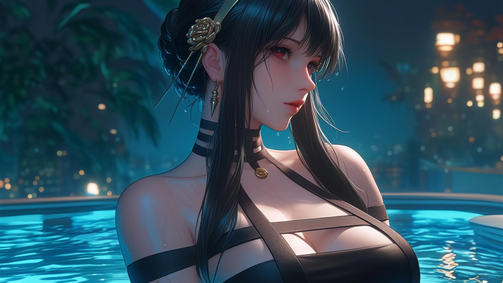 Yor Forger resting in a tub with moonlight glow
