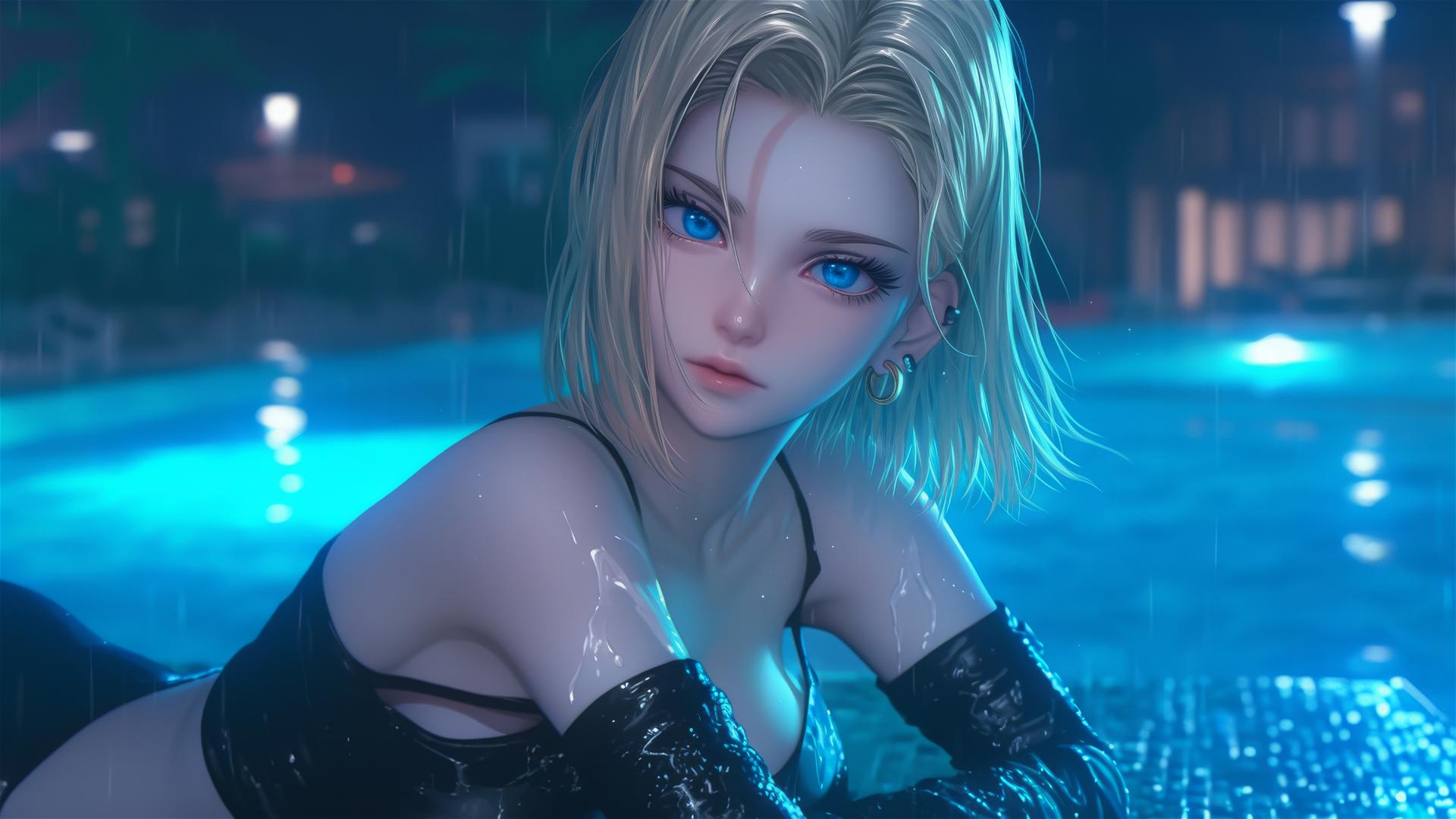 Android 18 resting by a rainy pool, illuminated by moonlight.