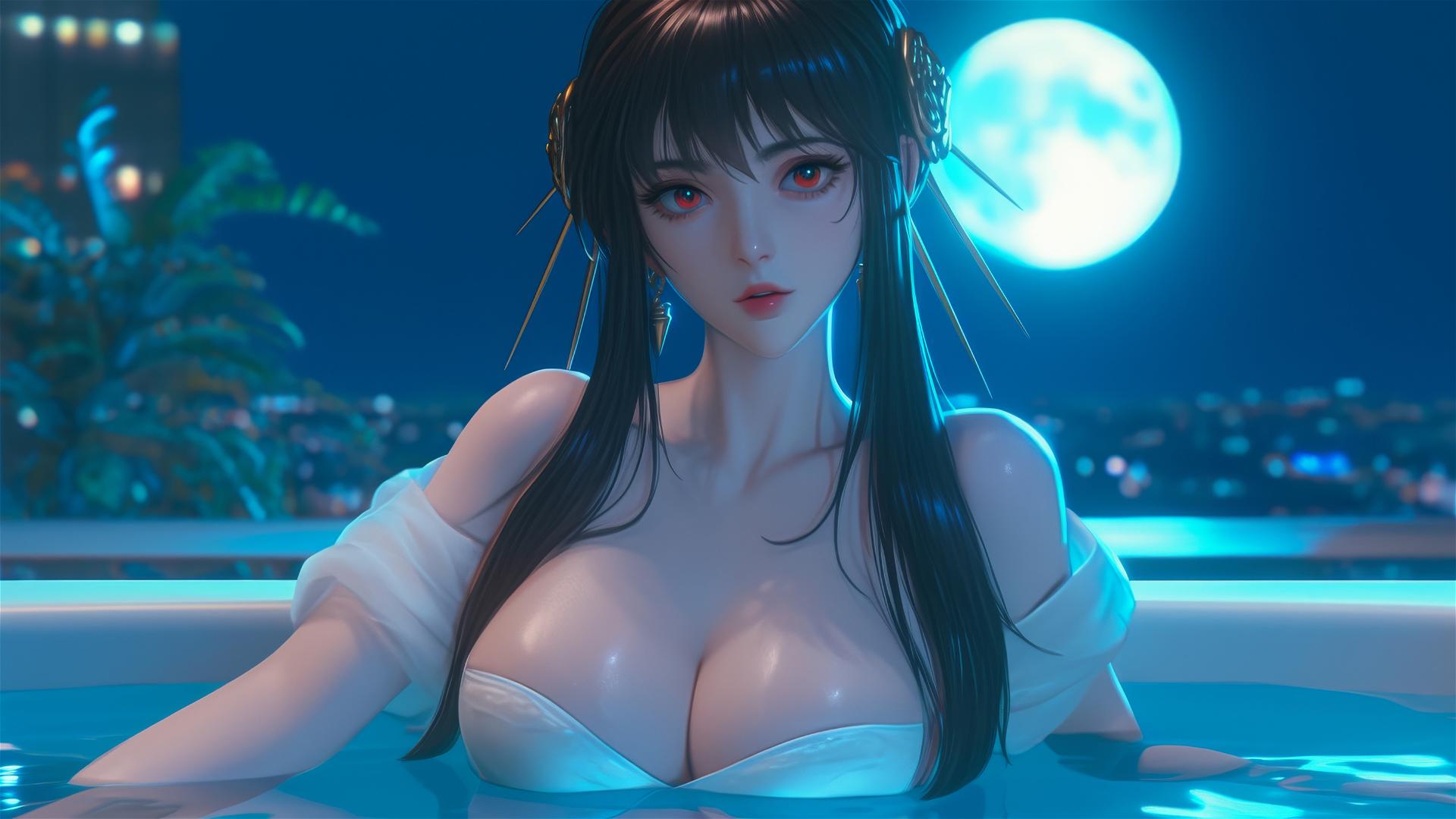 Yor Forger from Spy x Family relaxing in a bathtub under moonlight.