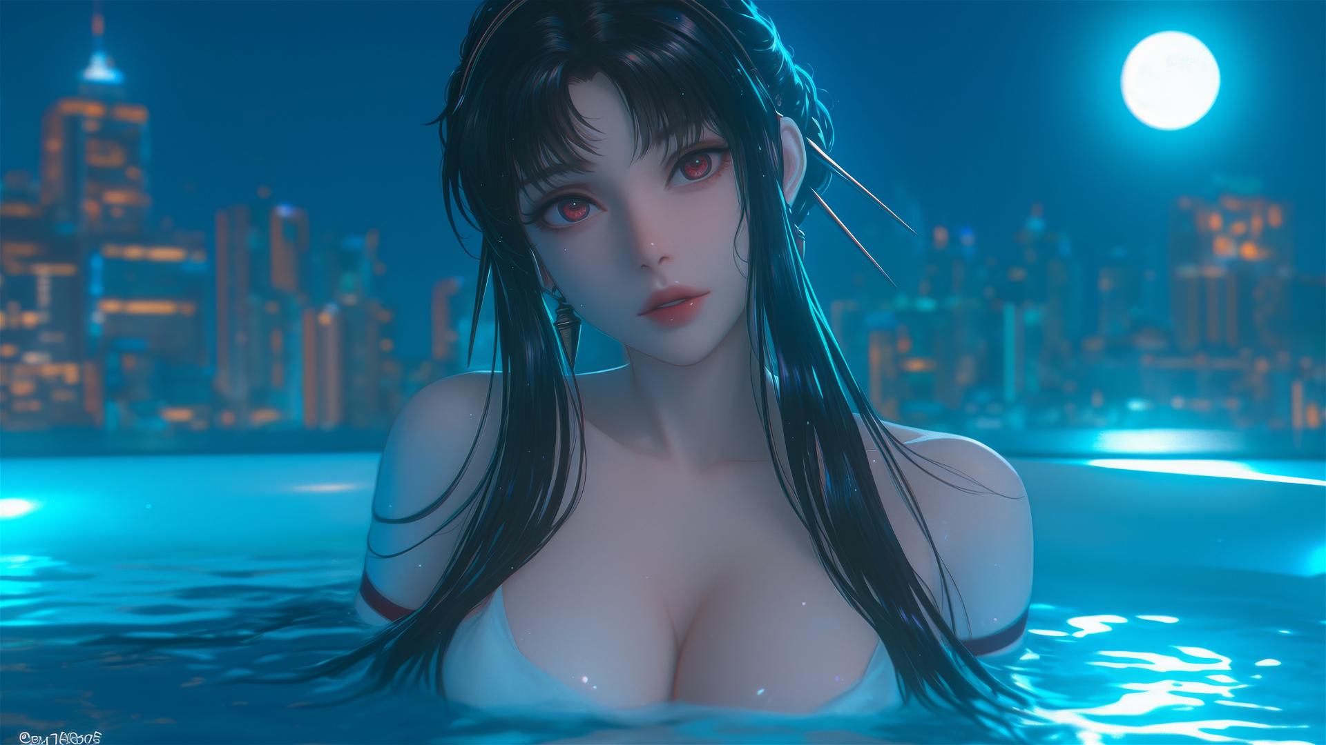 Yor Forger resting in a tub under moonlight