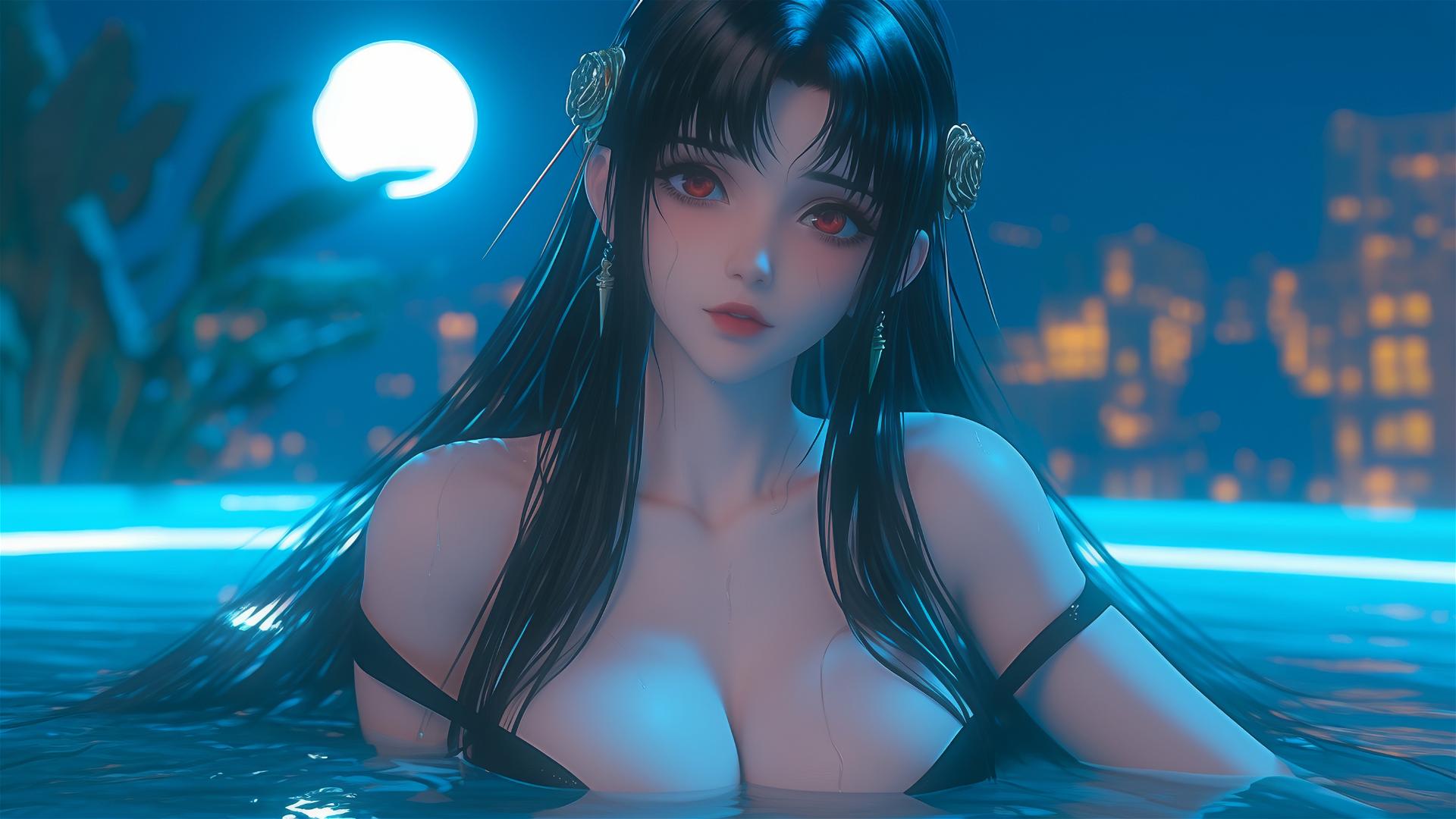 Yor Forger from Spy x Family resting in a tub with moonlight glow