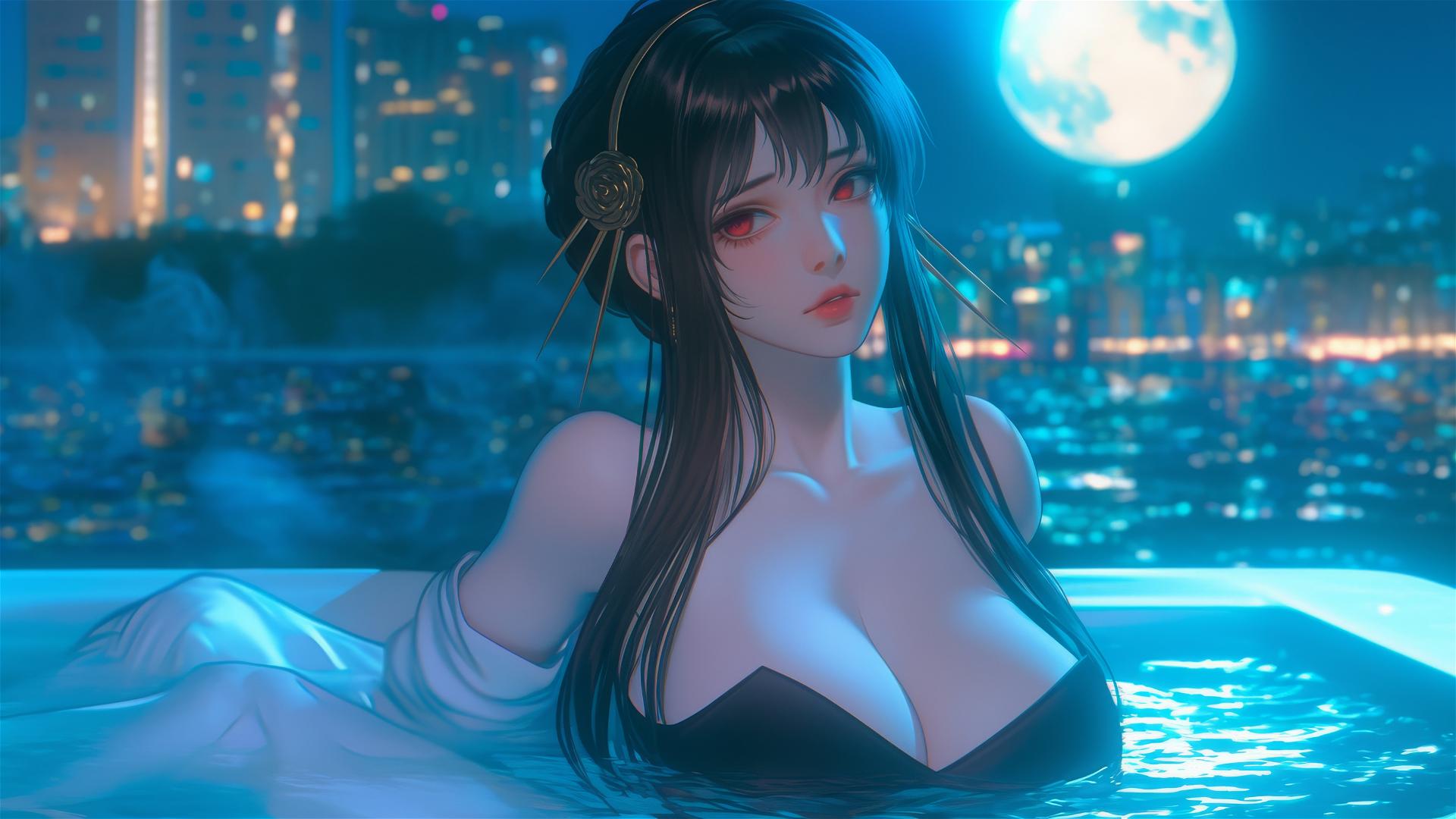 Yor Forger from Spy x Family resting in a tub with soft moonlight glow.