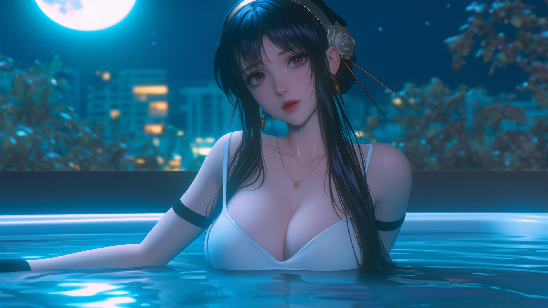 Yor Forger relaxing in a tub under moonlight