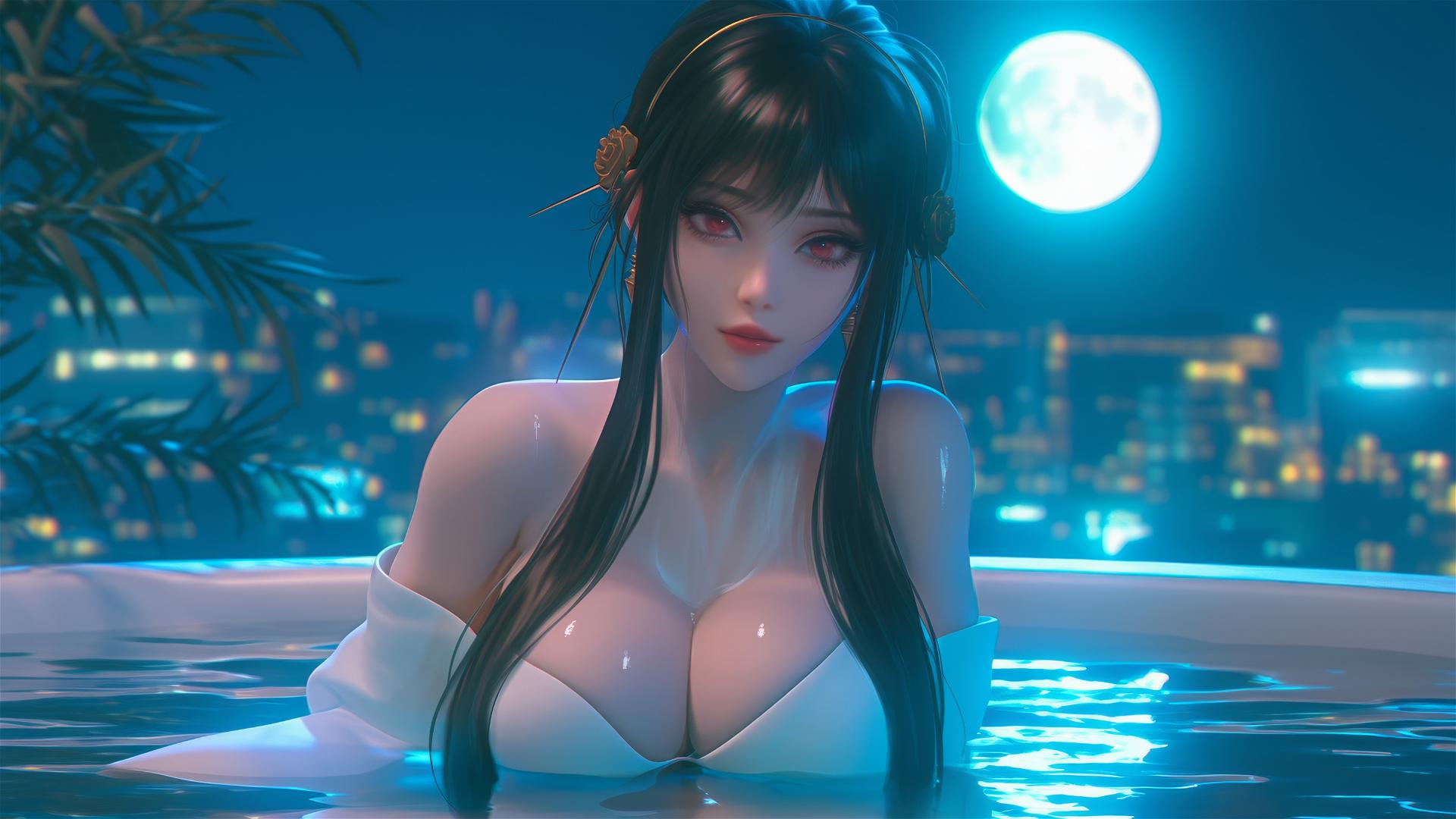 Yor Forger resting in tub under moonlight