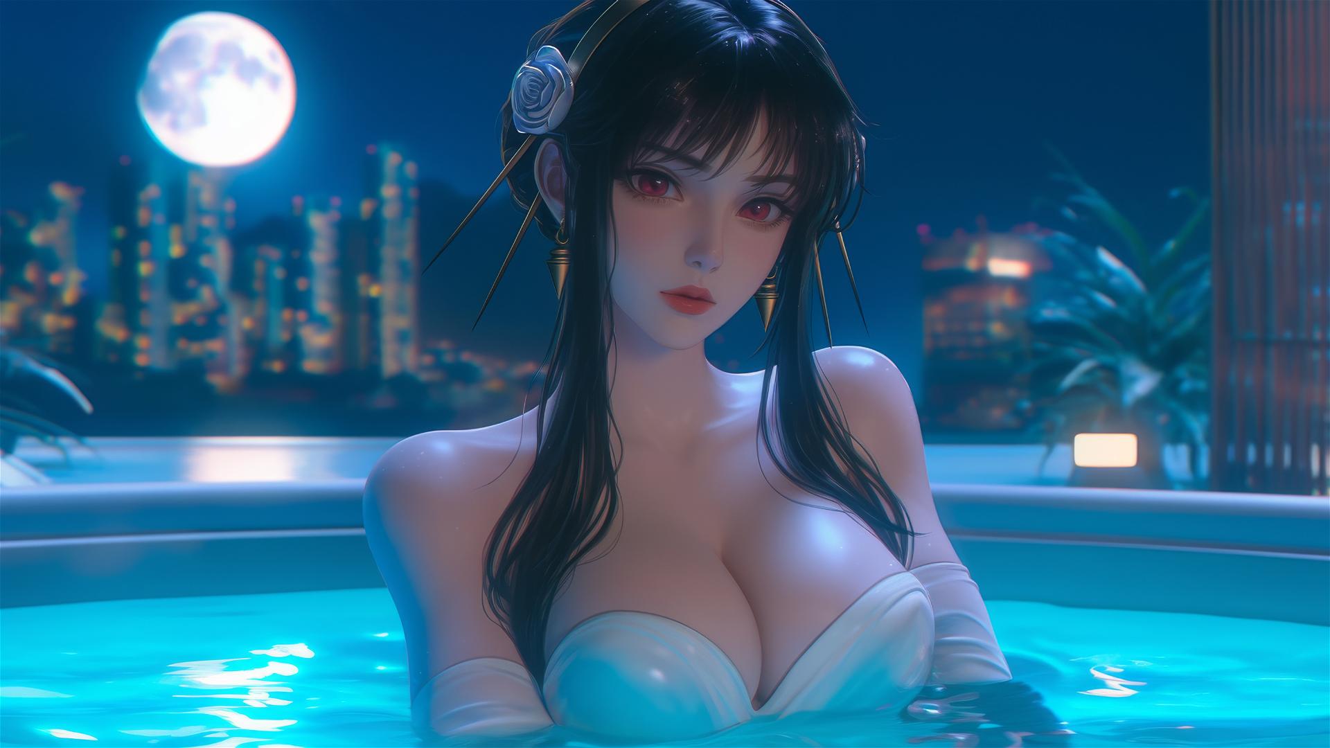 Yor Forger from Spy x Family resting in a tub with moonlight casting a soft glow