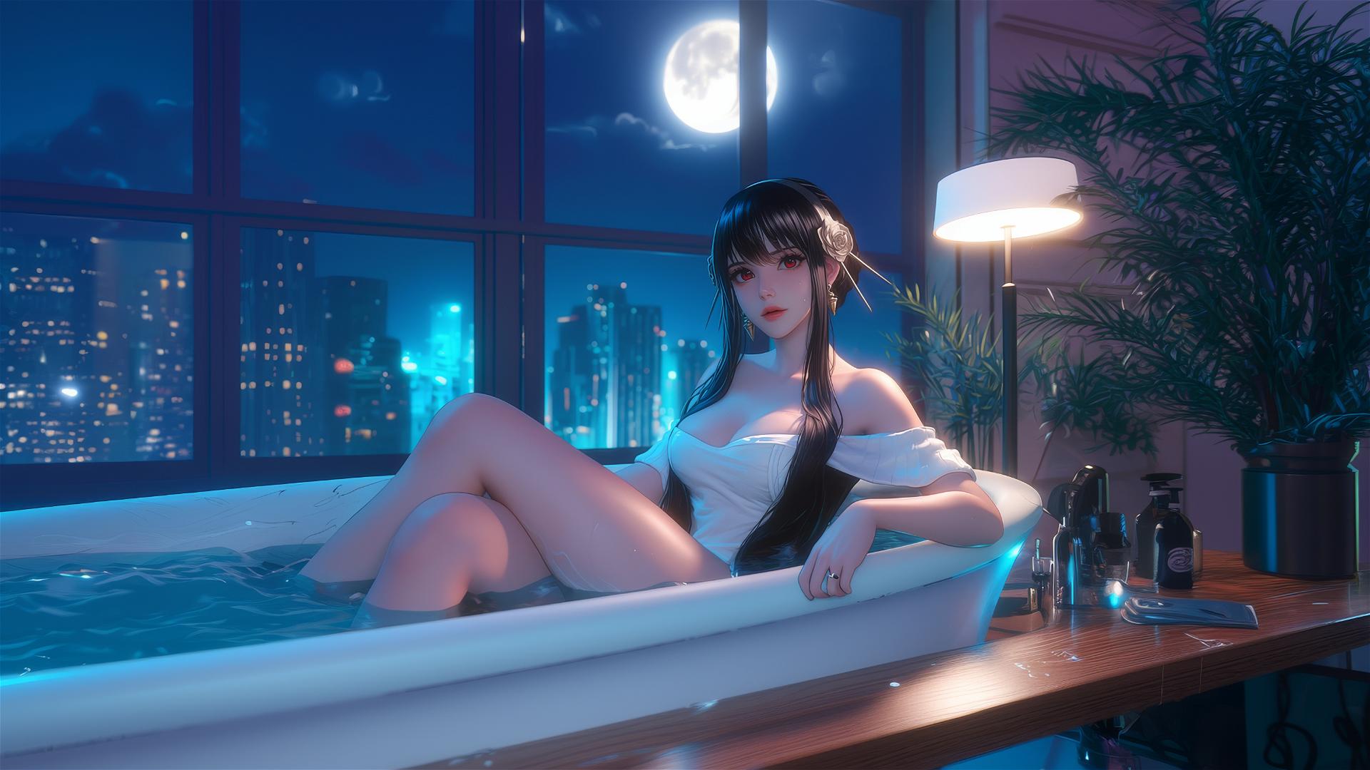Yor Forger resting in tub under moonlight