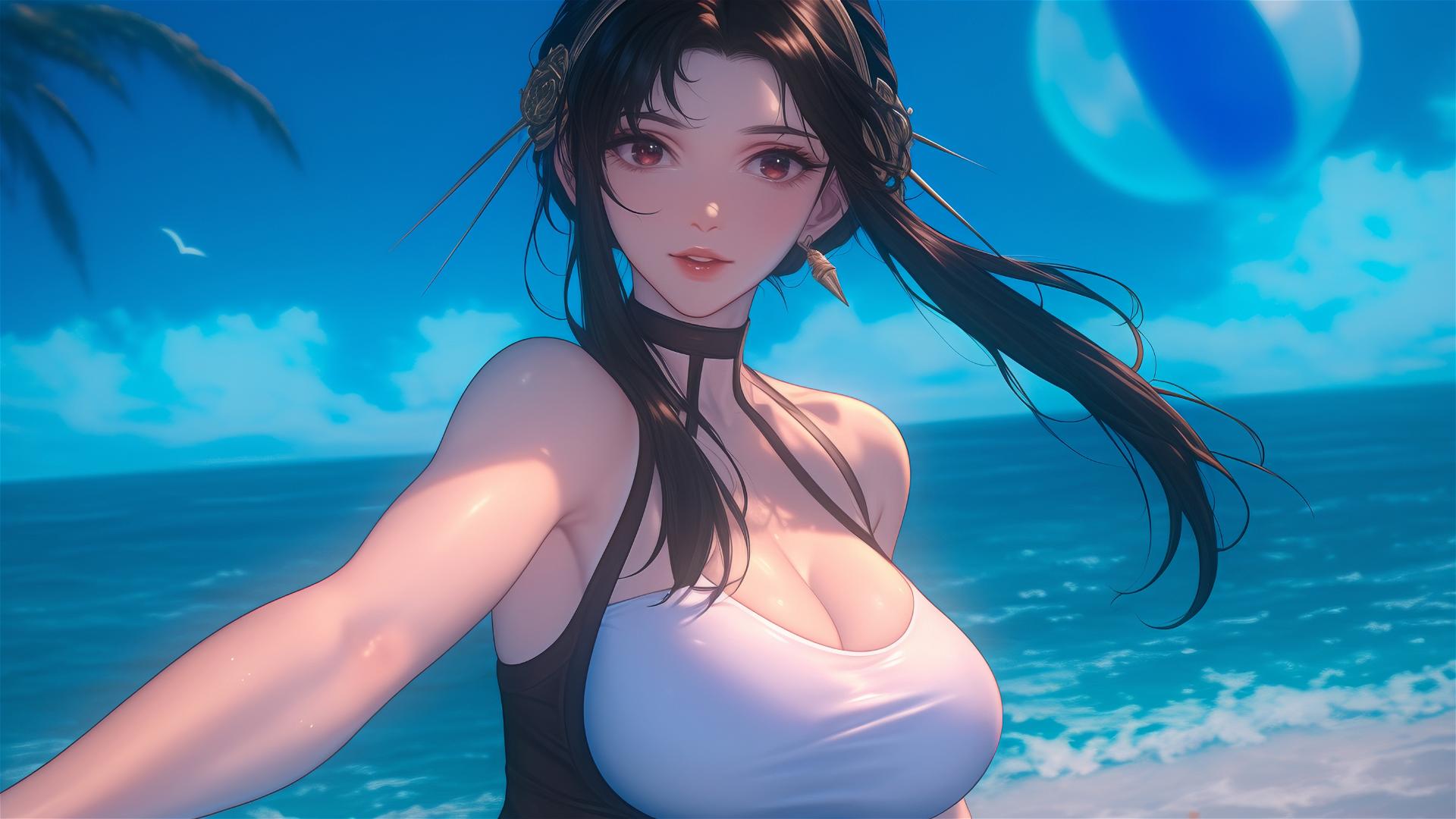 Yor Forger from Spy x Family playing beach volleyball in sunny beach attire.