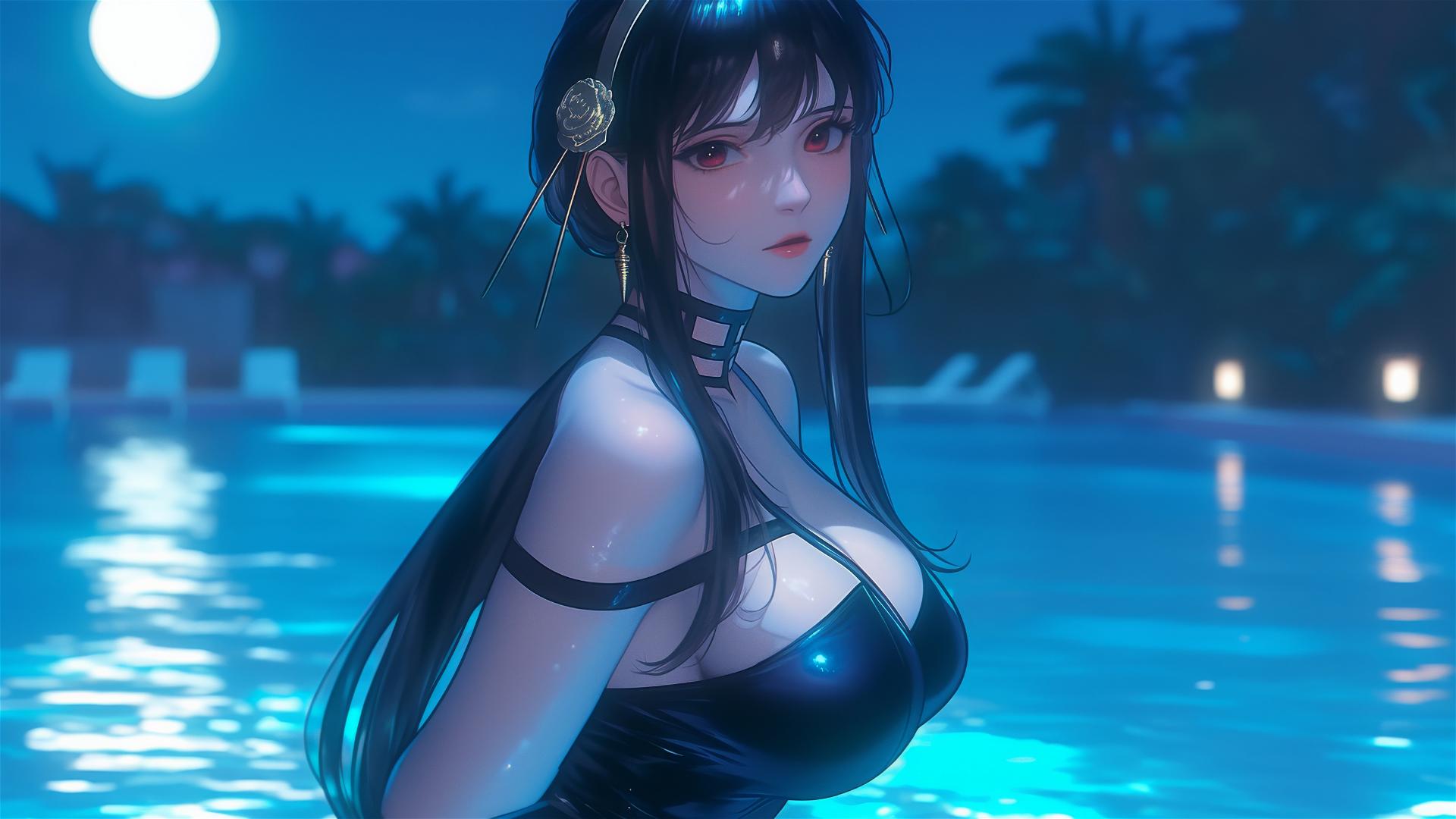 Yor Forger standing in a pool under moonlight, dressed in bunny girl style.