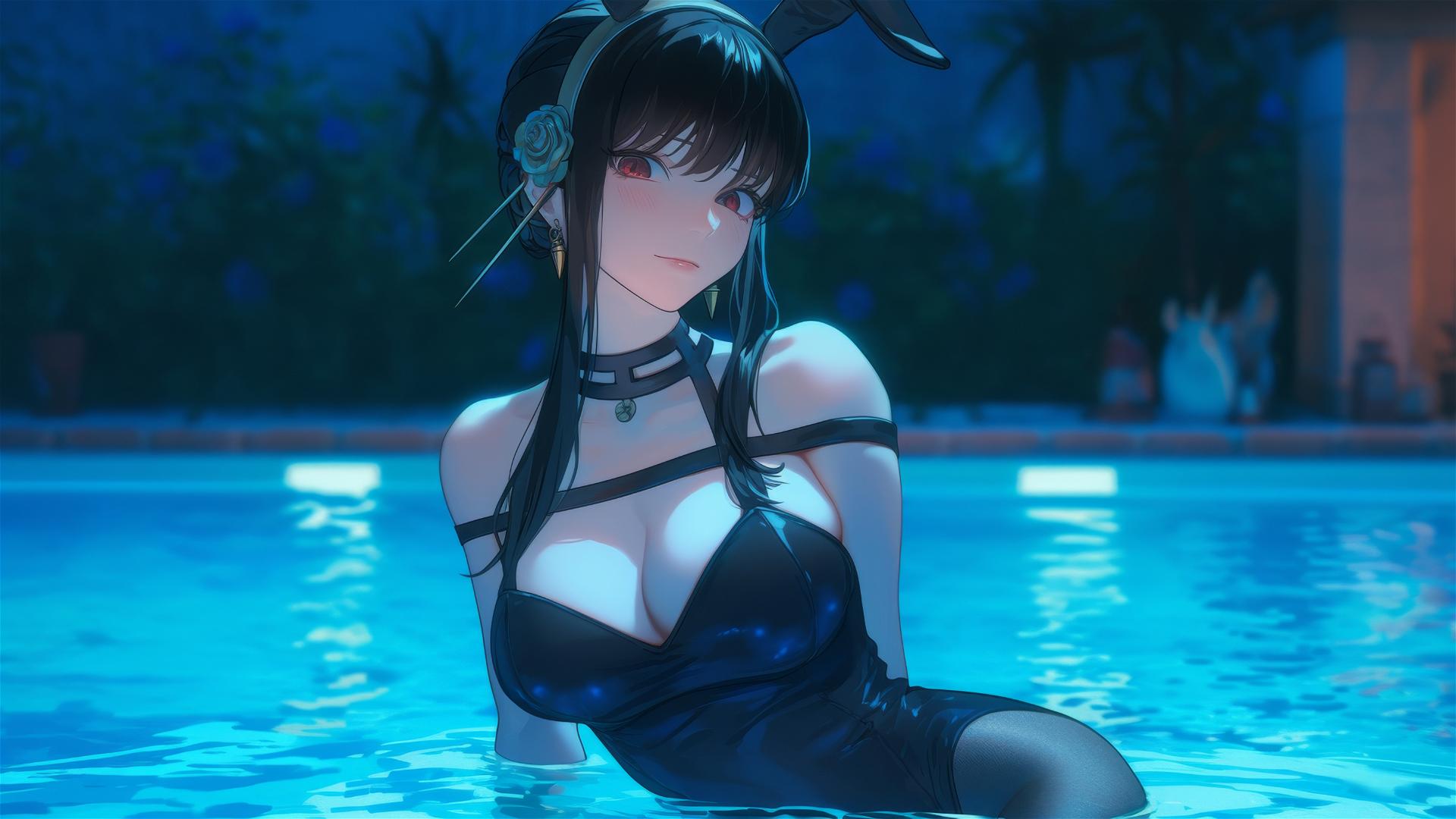 Yor Forger in bunny girl outfit by the pool under moonlight