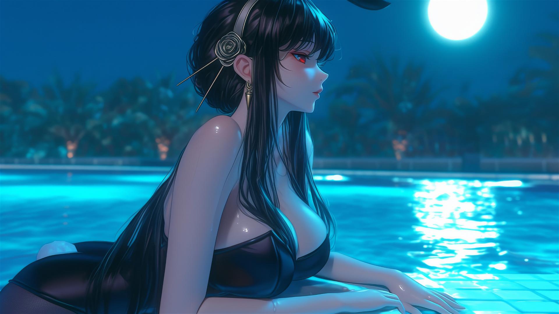 Yor Forger as a bunny girl resting by a pool under moonlight
