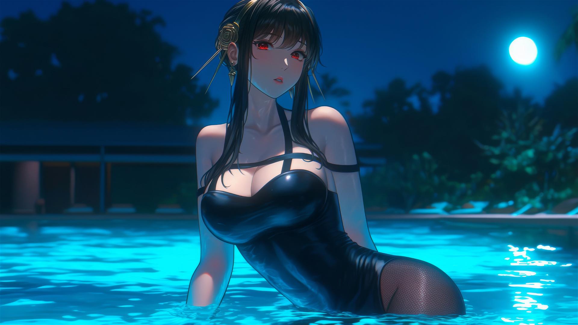 Yor Forger in bunny girl outfit rests by pool in moonlight
