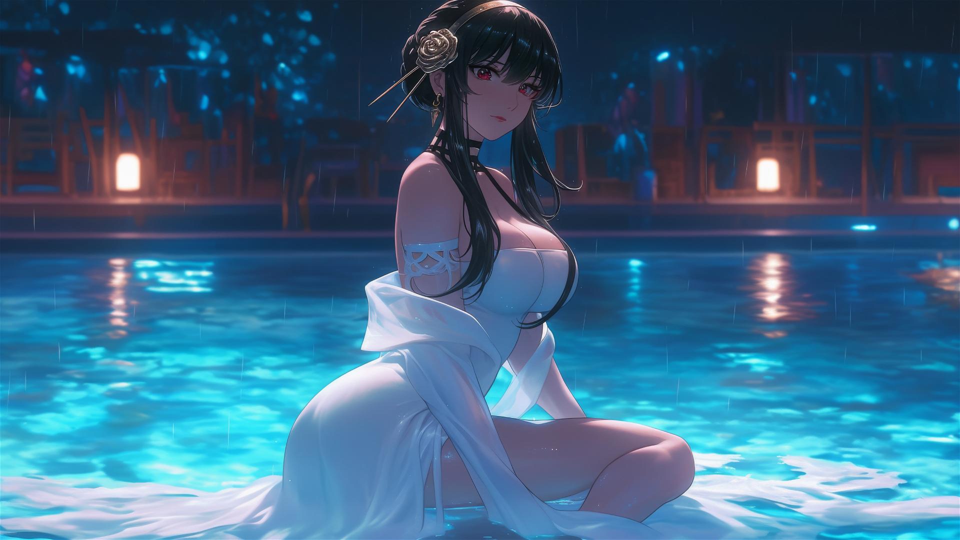 Yor Forger resting at a rainy swimming pool in a white dress under moonlight
