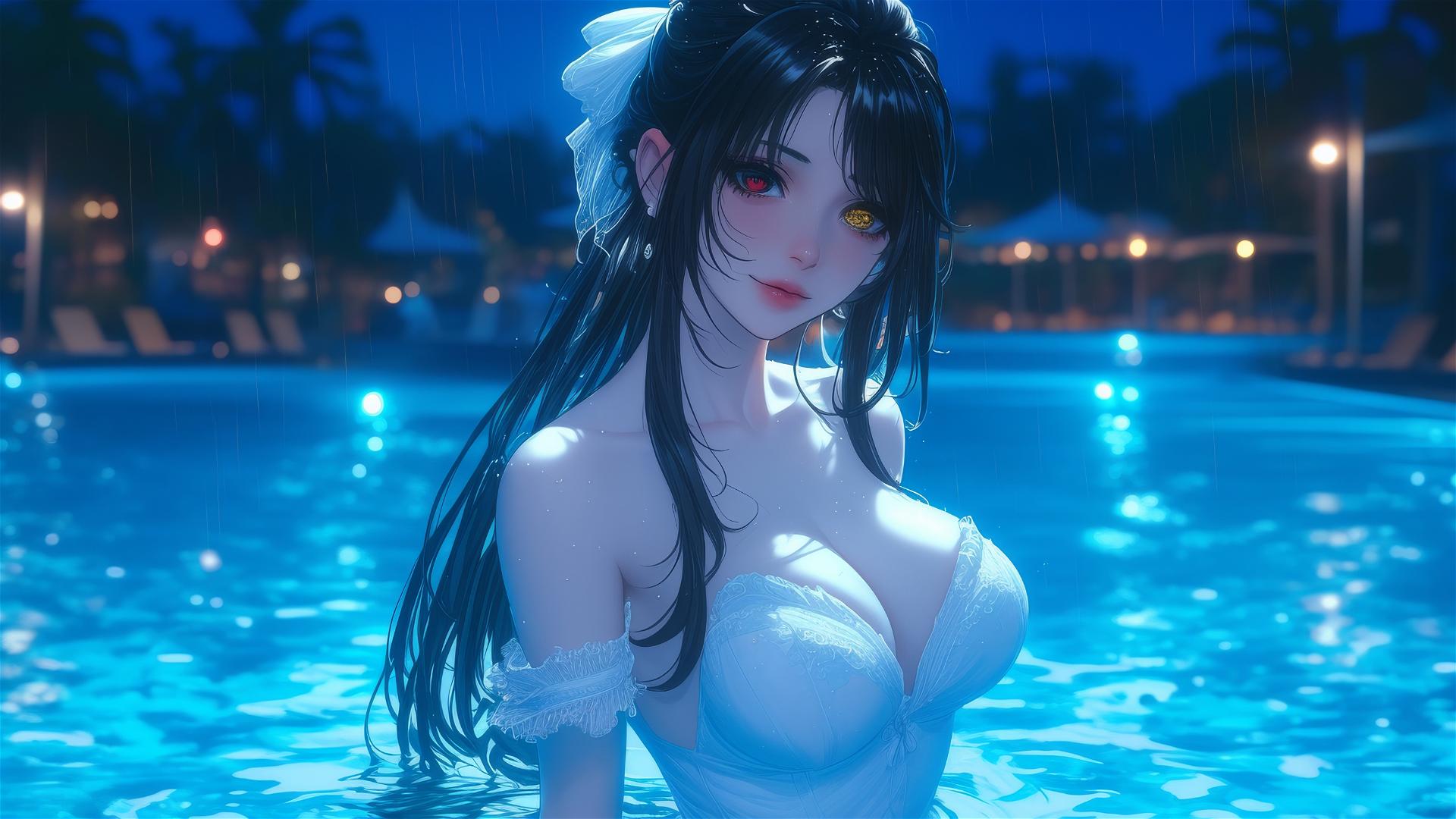 Kurumi Tokisaki in white dress, standing in rainy pool under moonlight, with one red and one yellow eye.