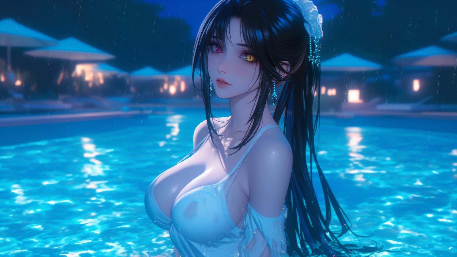 Kurumi Tokisaki standing in rain-soaked pool under moonlight, in white attire, with heterochromatic eyes
