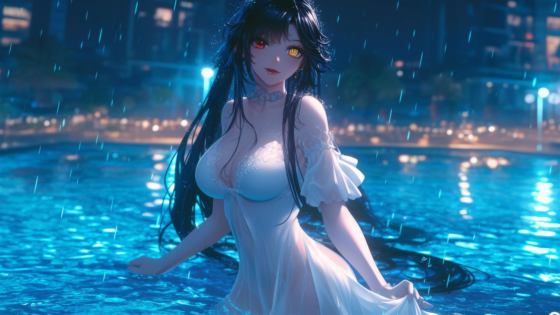 Kurumi Tokisaki standing in a rainy pool with moonlight, wearing a pure white dress.
