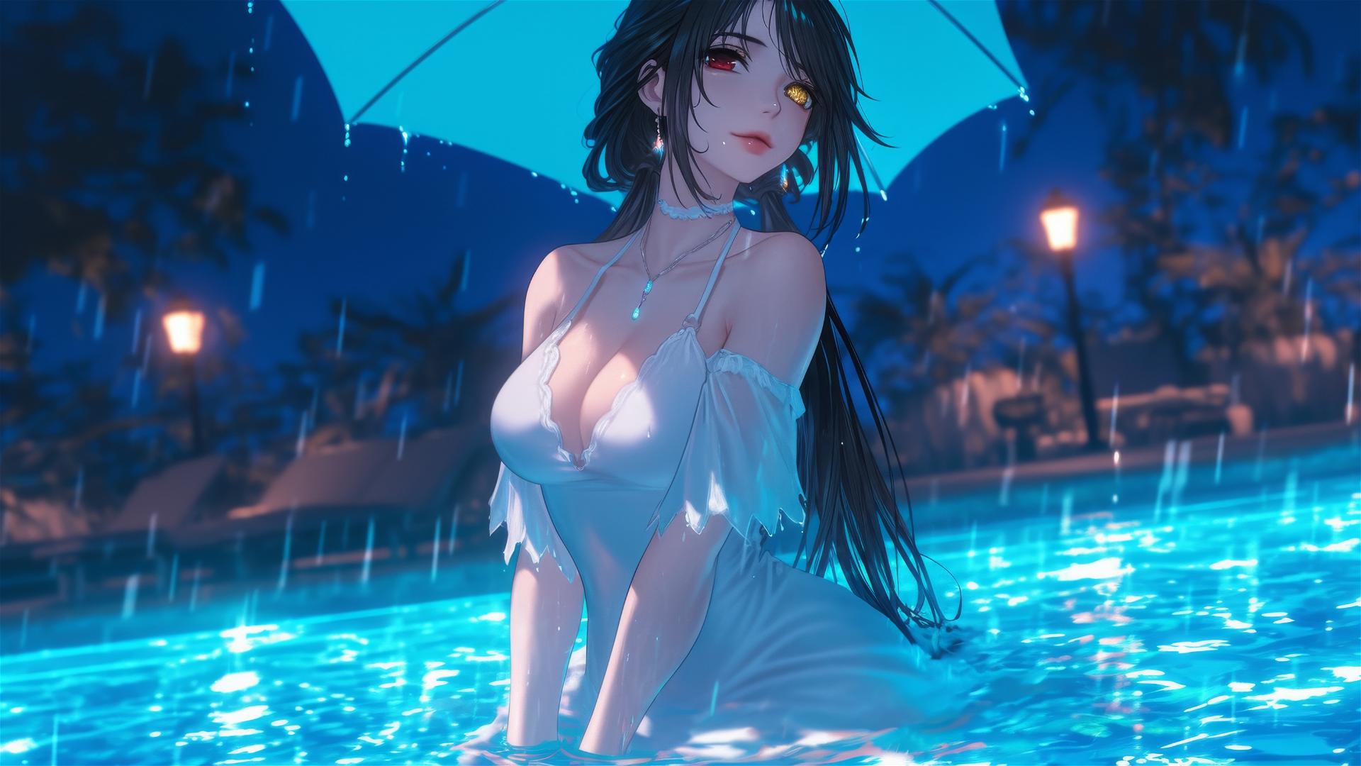 Kurumi Tokisaki in white dress, moonlight glow, red and yellow eyes