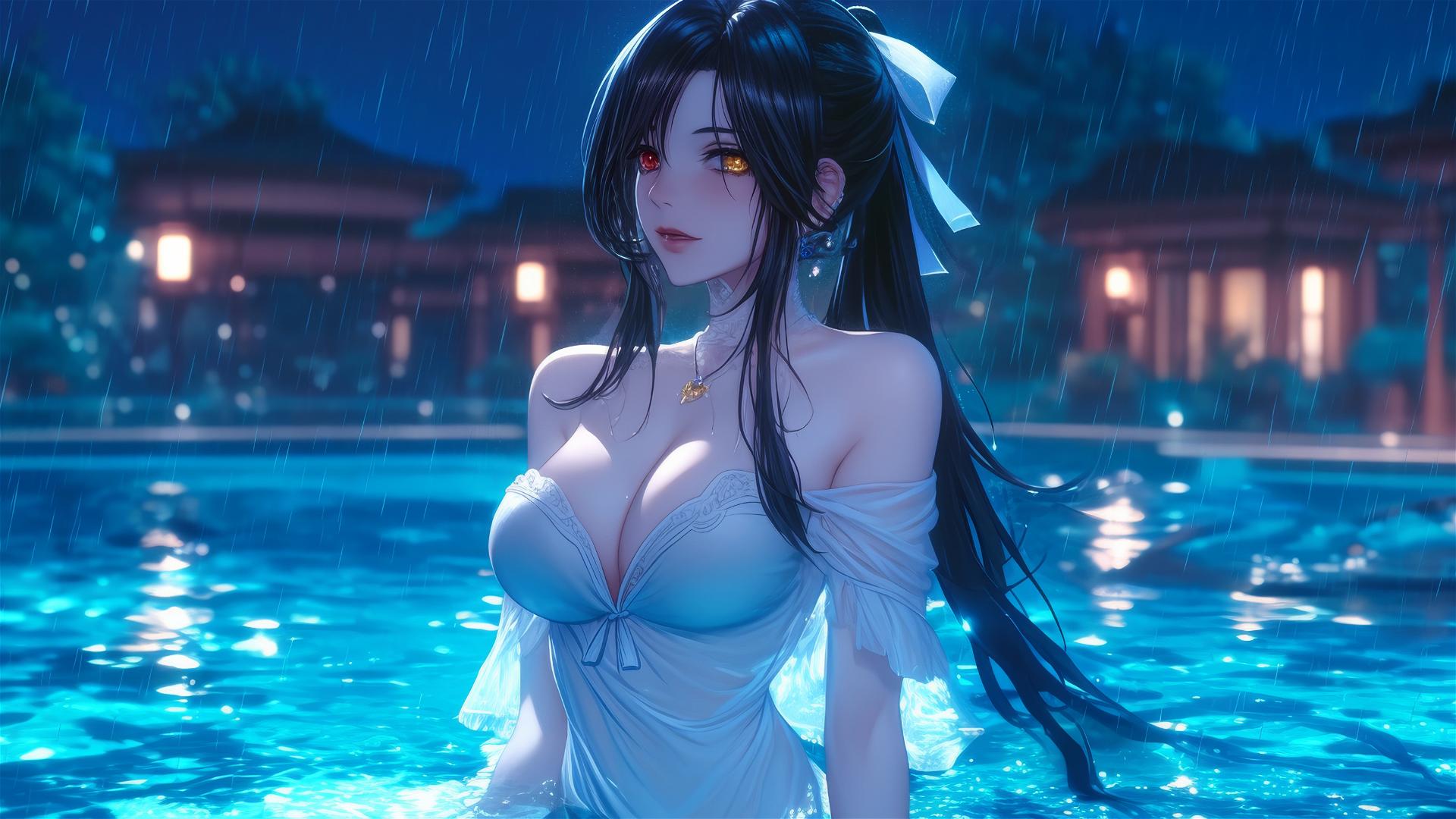 Kurumi Tokisaki in white, standing by a rainy pool under moonlight, with one red and one yellow eye.