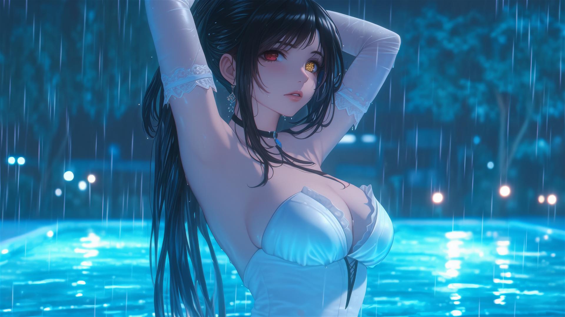 Kurumi Tokisaki in white dress standing in a rainy pool under moonlight