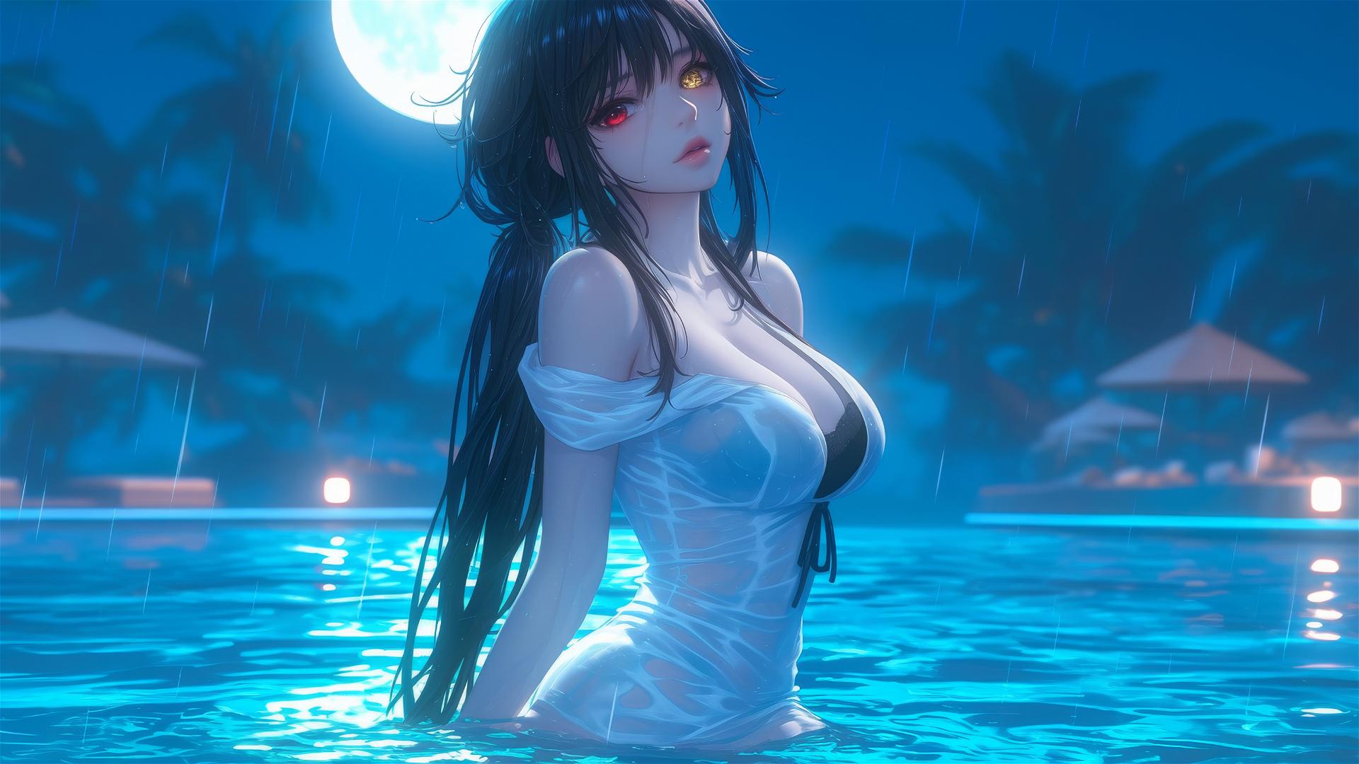 Kurumi Tokisaki in white dress under moonlight in a rainy pool, red and yellow eyes