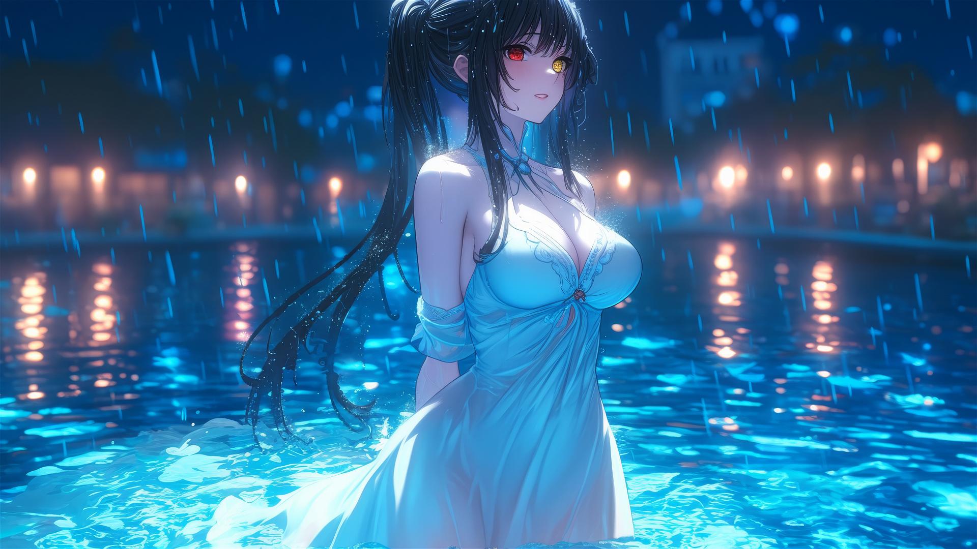 Kurumi Tokisaki in white, under moonlight in a rainy pool