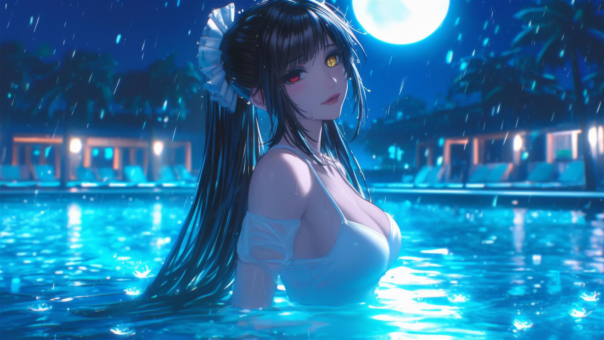Kurumi Tokisaki in white dress, moonlit rainy pool scene, contrasting eyes