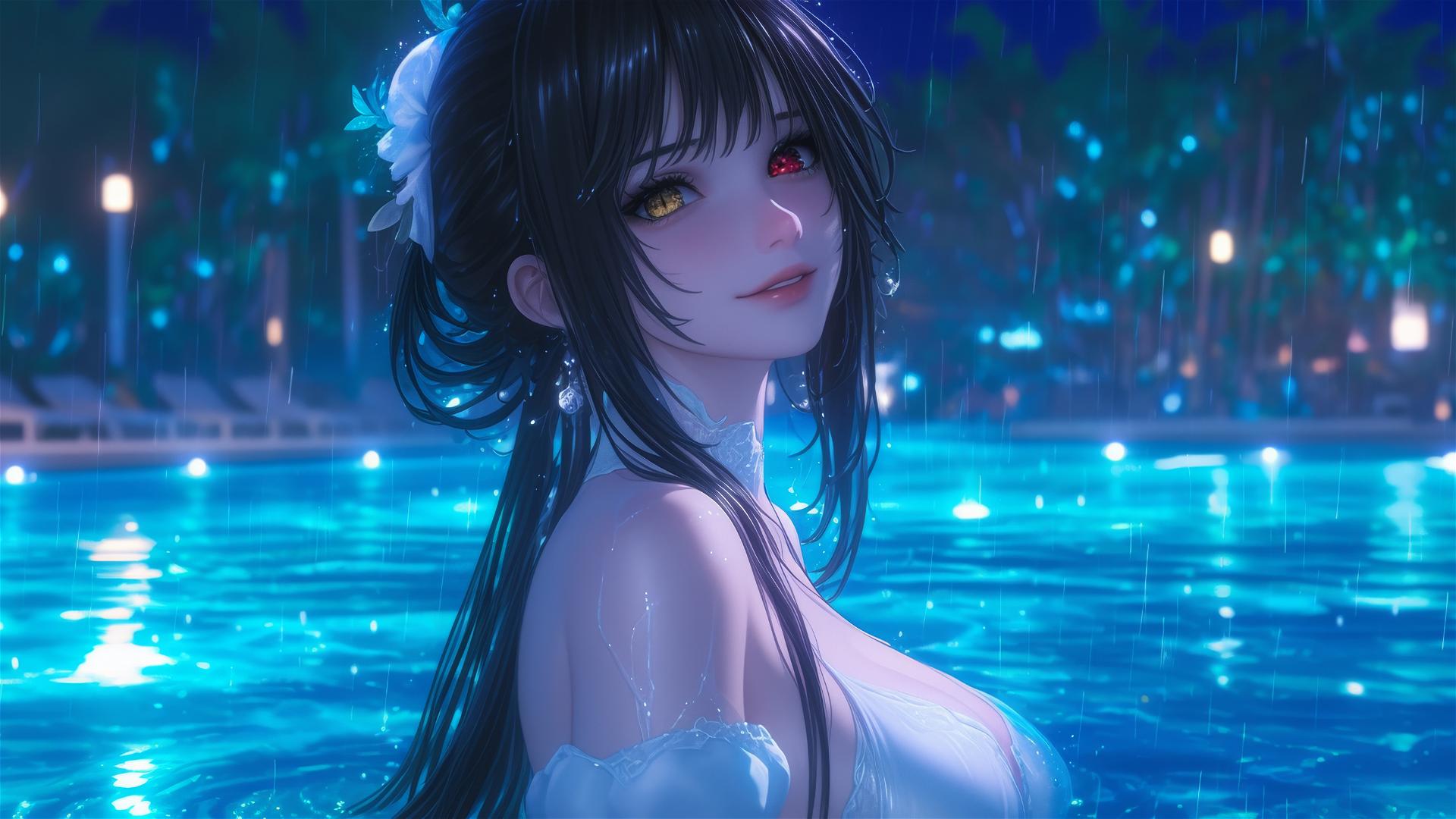 Kurumi Tokisaki in a white dress under moonlight in a rainy pool
