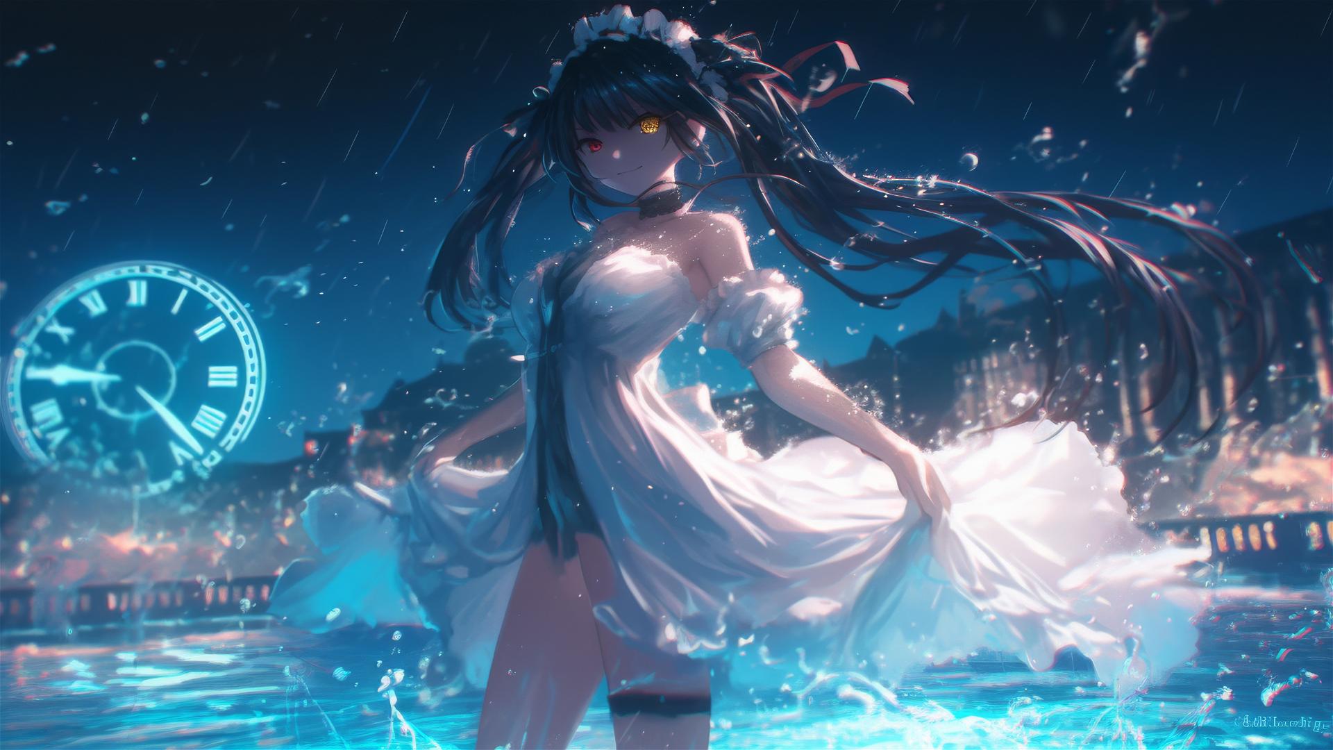 Kurumi Tokisaki in white dress stands in rainy pool under moonlight, heterochromatic eyes.