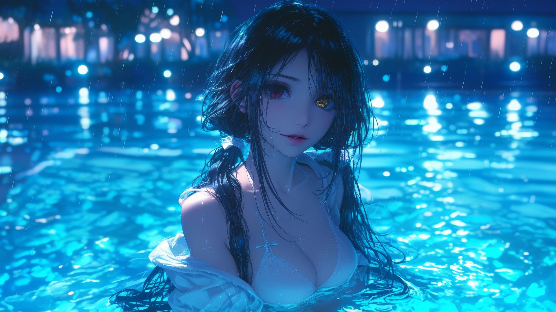 Kurumi Tokisaki in white dress standing in a rainy pool under moonlight