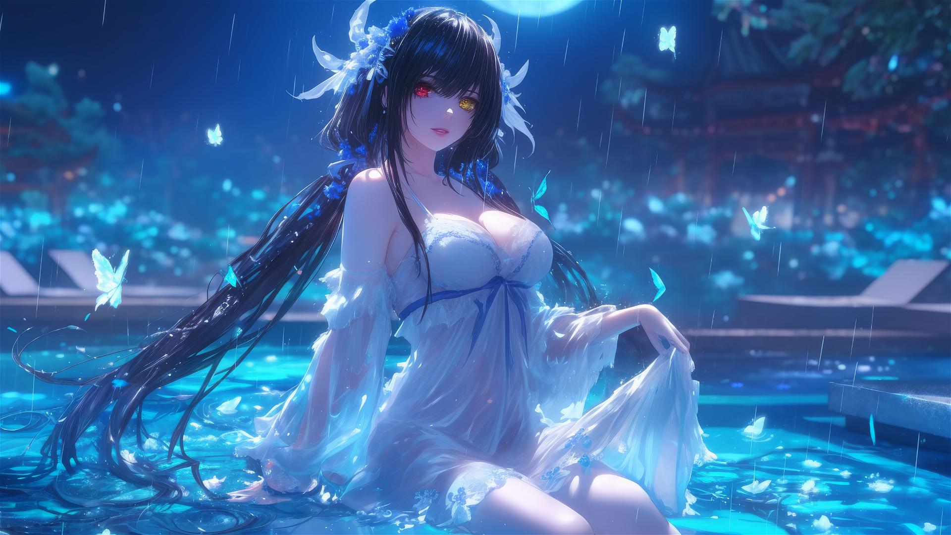Kurumi Tokisaki in a white dress under moonlight in a rainy pool